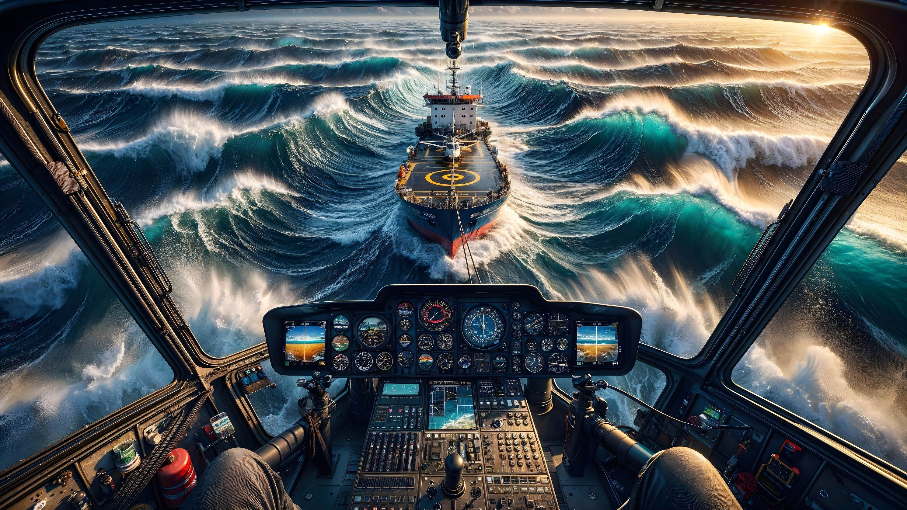 Helicopter View of Cargo Ship Amidst Sunset Waves
