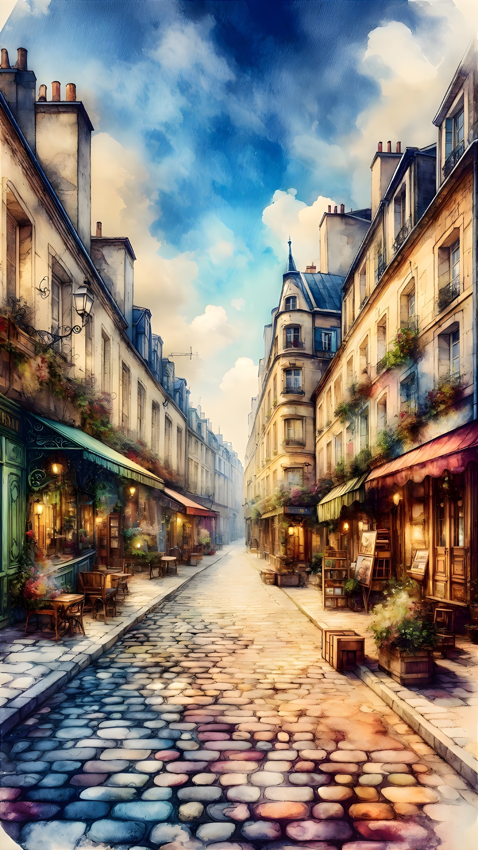 Charming Parisian Street with Flower-Adorned Balconies