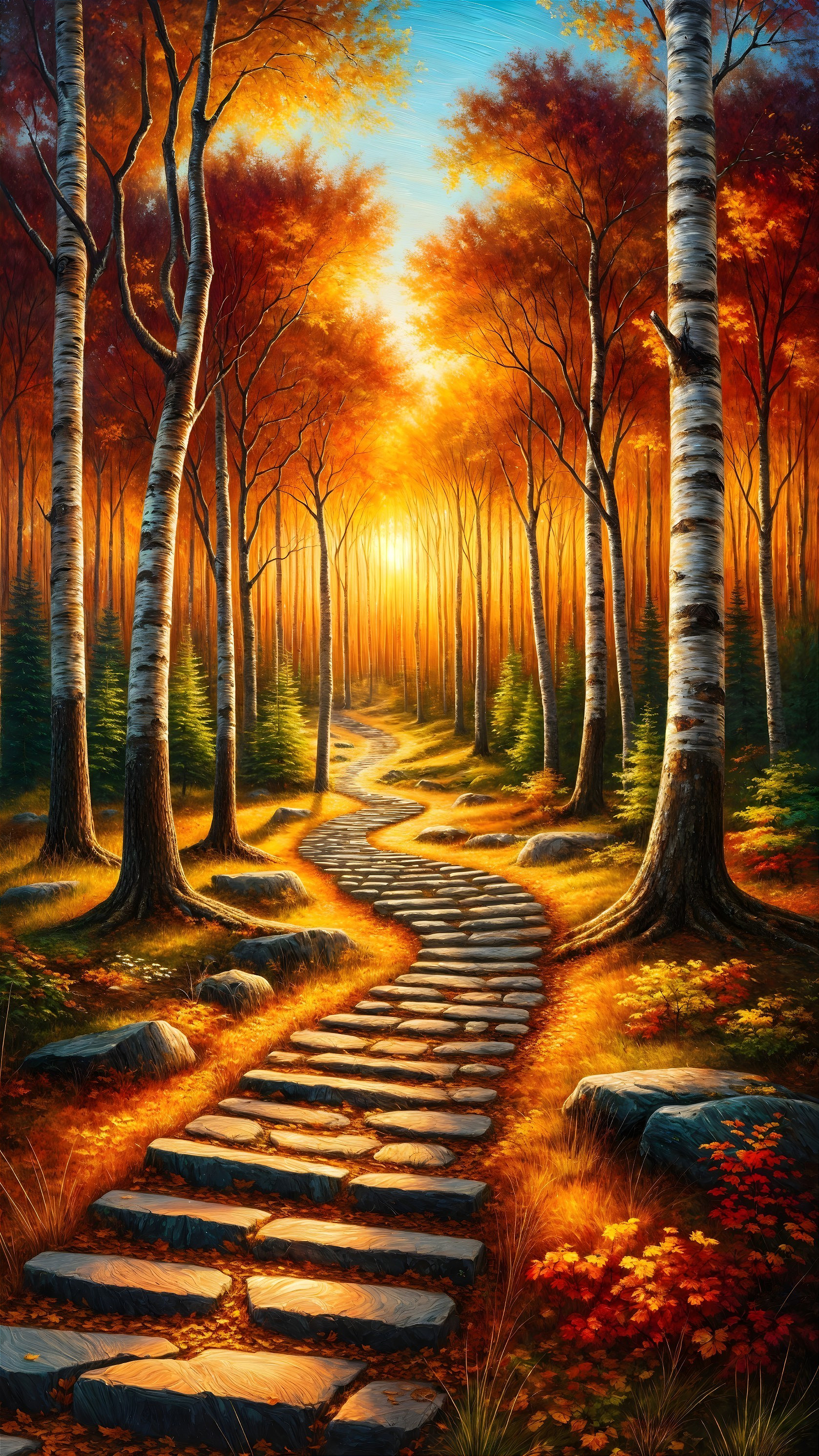 Autumn Forest Scene with Vibrant Leaves and Sunset