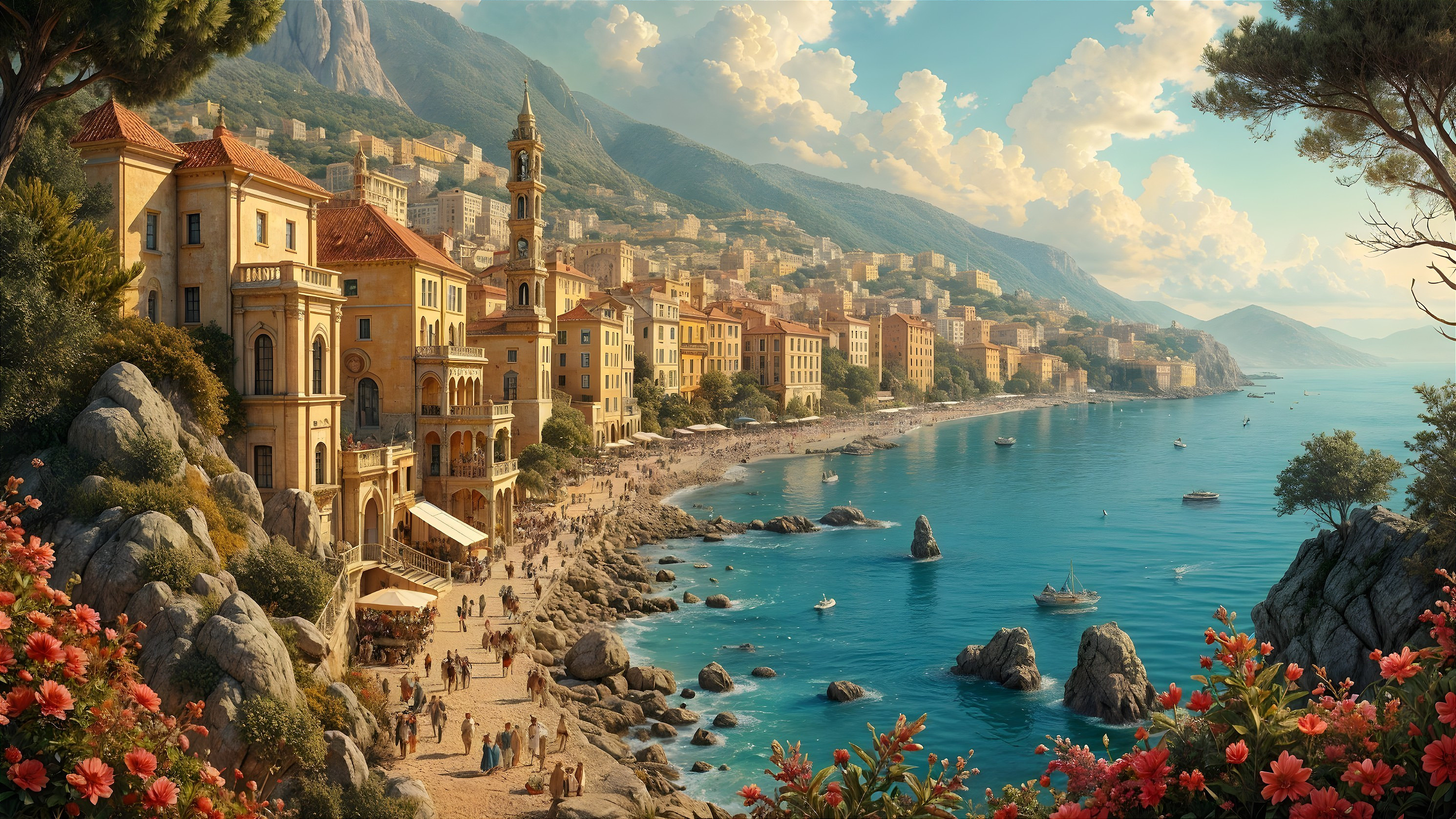 Coastal Town with Mountains and Vibrant Architecture