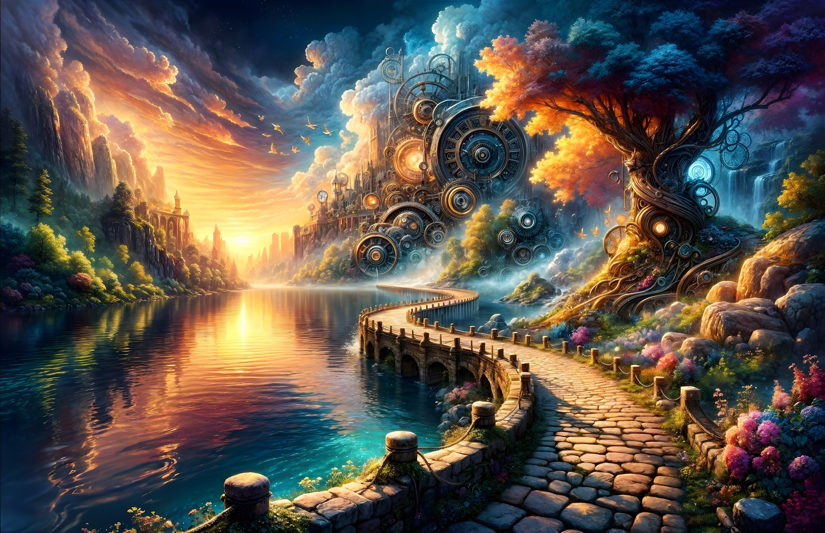 Winding Stone Pathway Through Vibrant Landscape and Lake