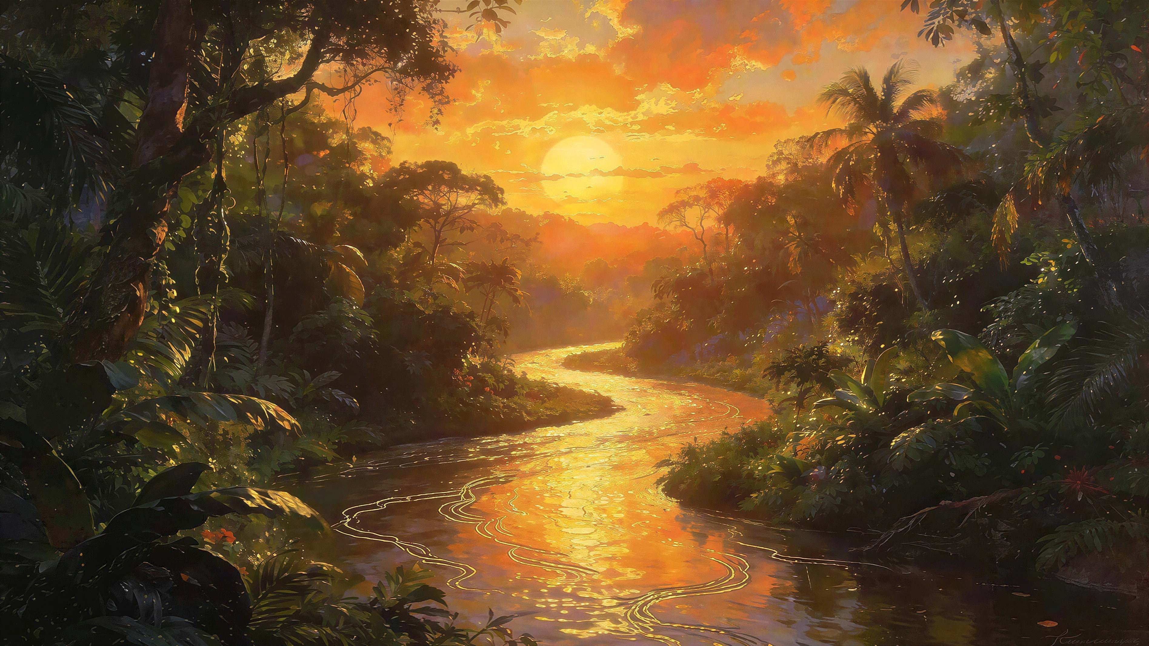 Lush Jungle Landscape at Sunset with Winding River