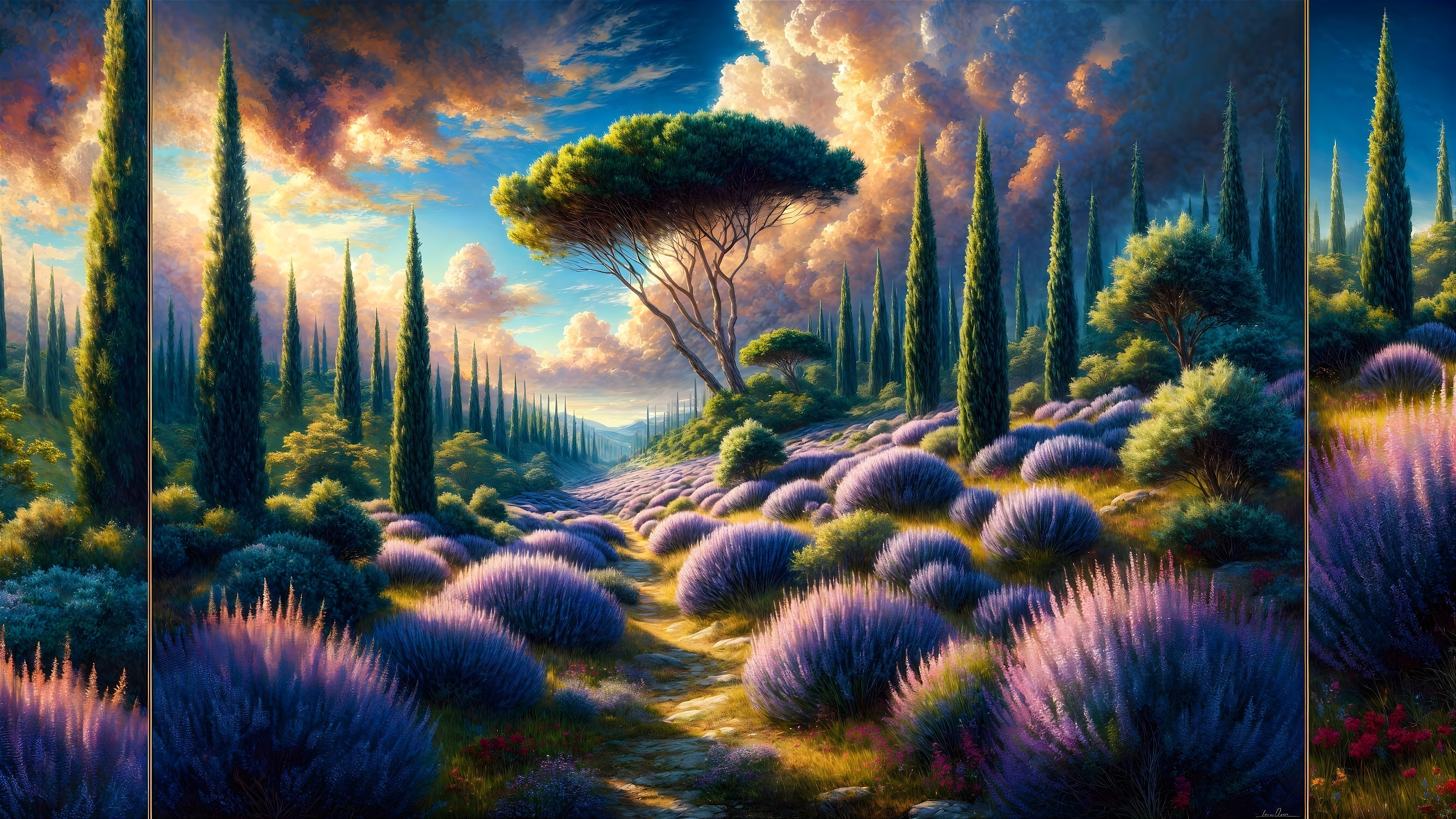 Vibrant Lavender Fields with Winding Path and Cypress Trees