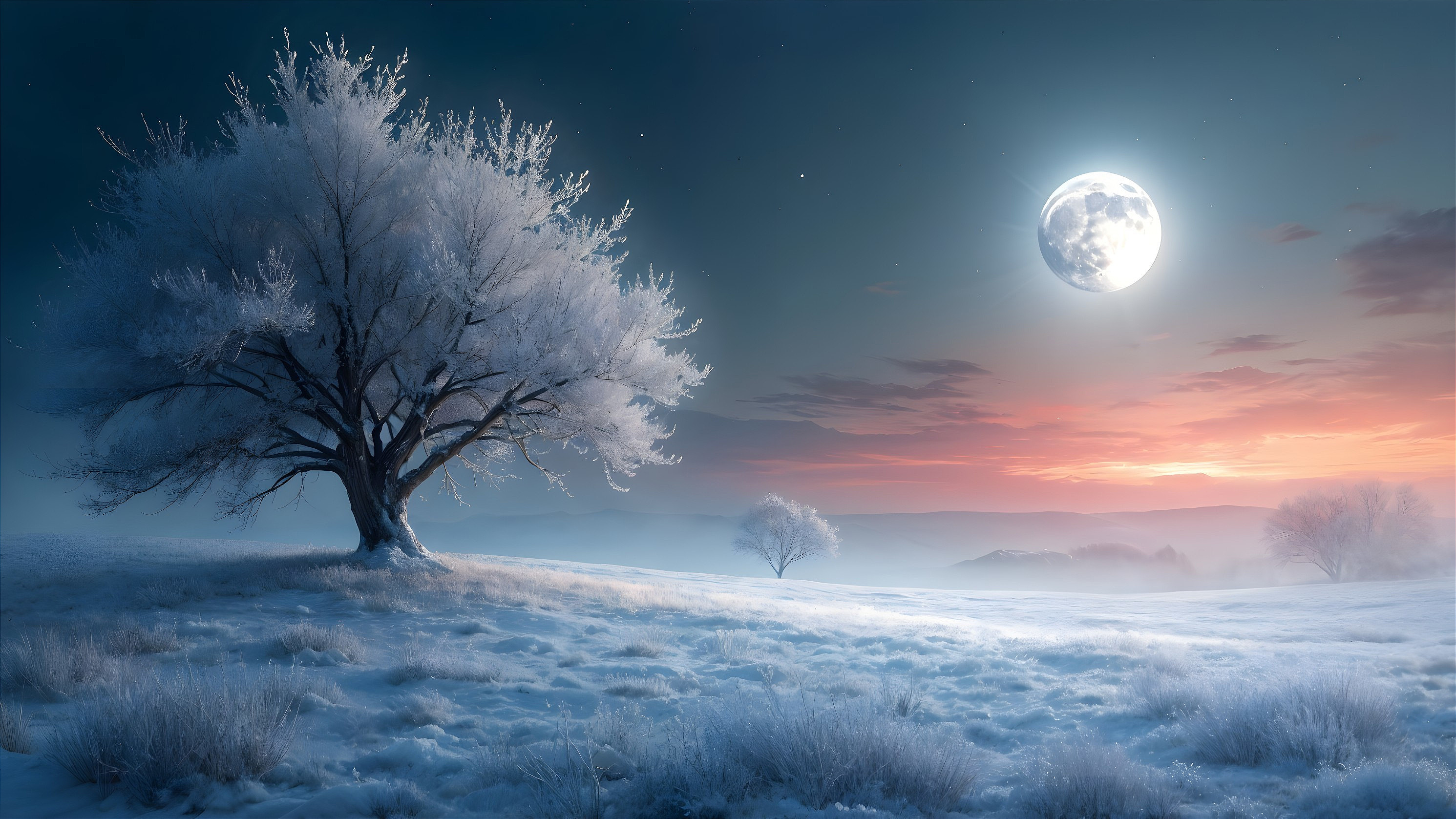 Serene Winter Landscape with Frosted Tree and Moonlight