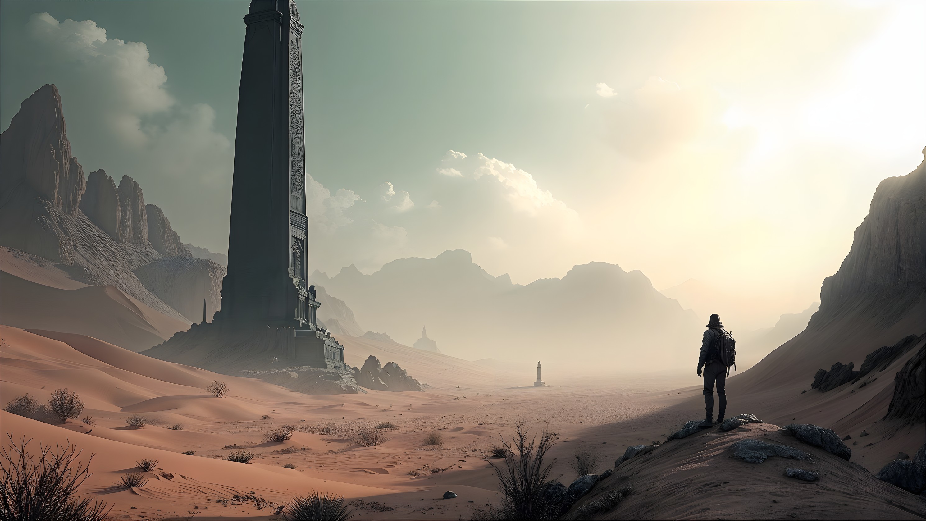 Lone Figure in Vast Arid Landscape with Monoliths