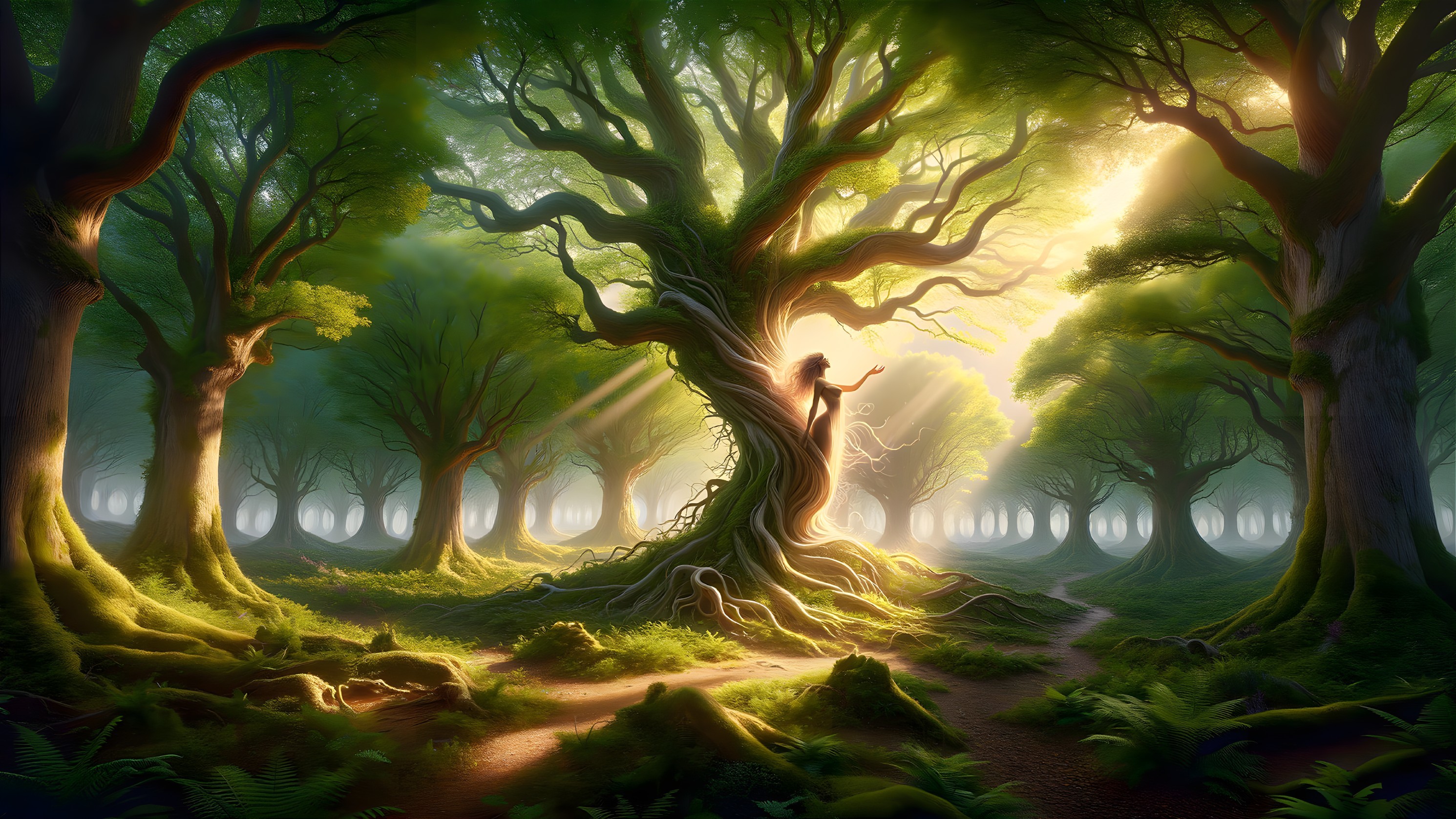 Mystical Forest with Glowing Vines and Majestic Tree