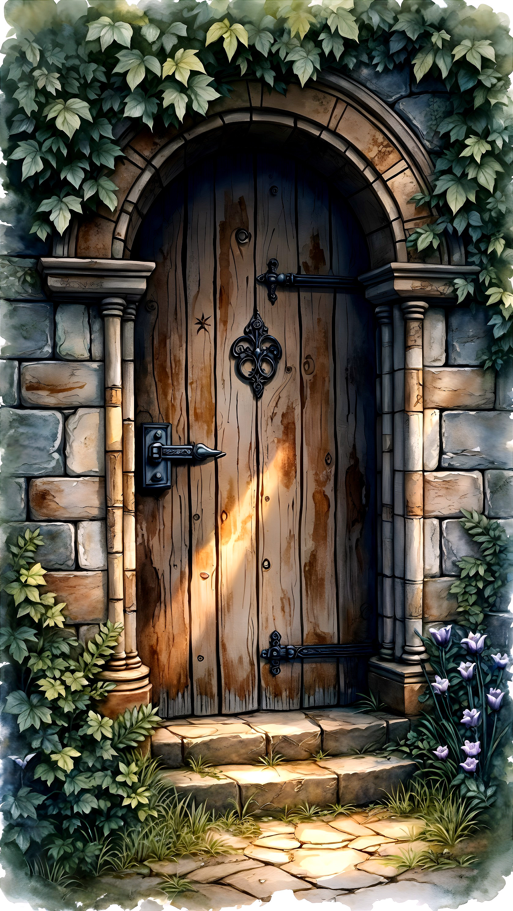 Rustic Wooden Door in Stone Archway with Ivy and Flowers