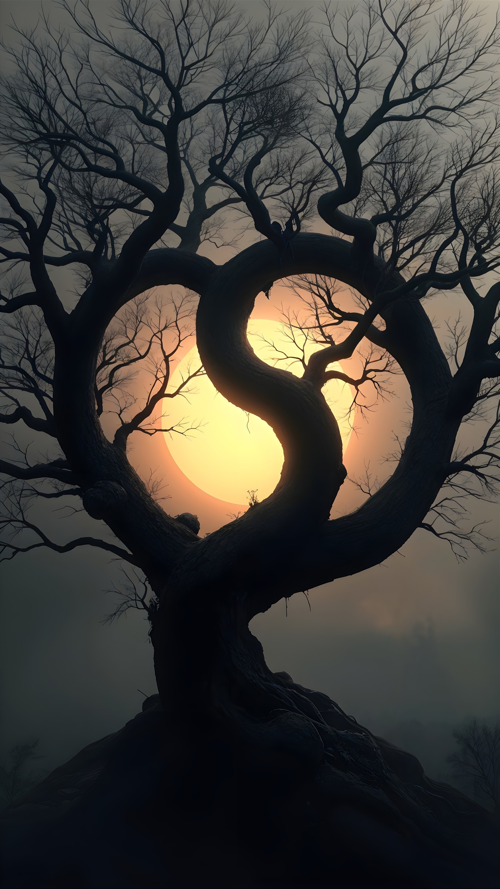 Gnarled Tree Creating Yin-Yang Shape in Misty Scene