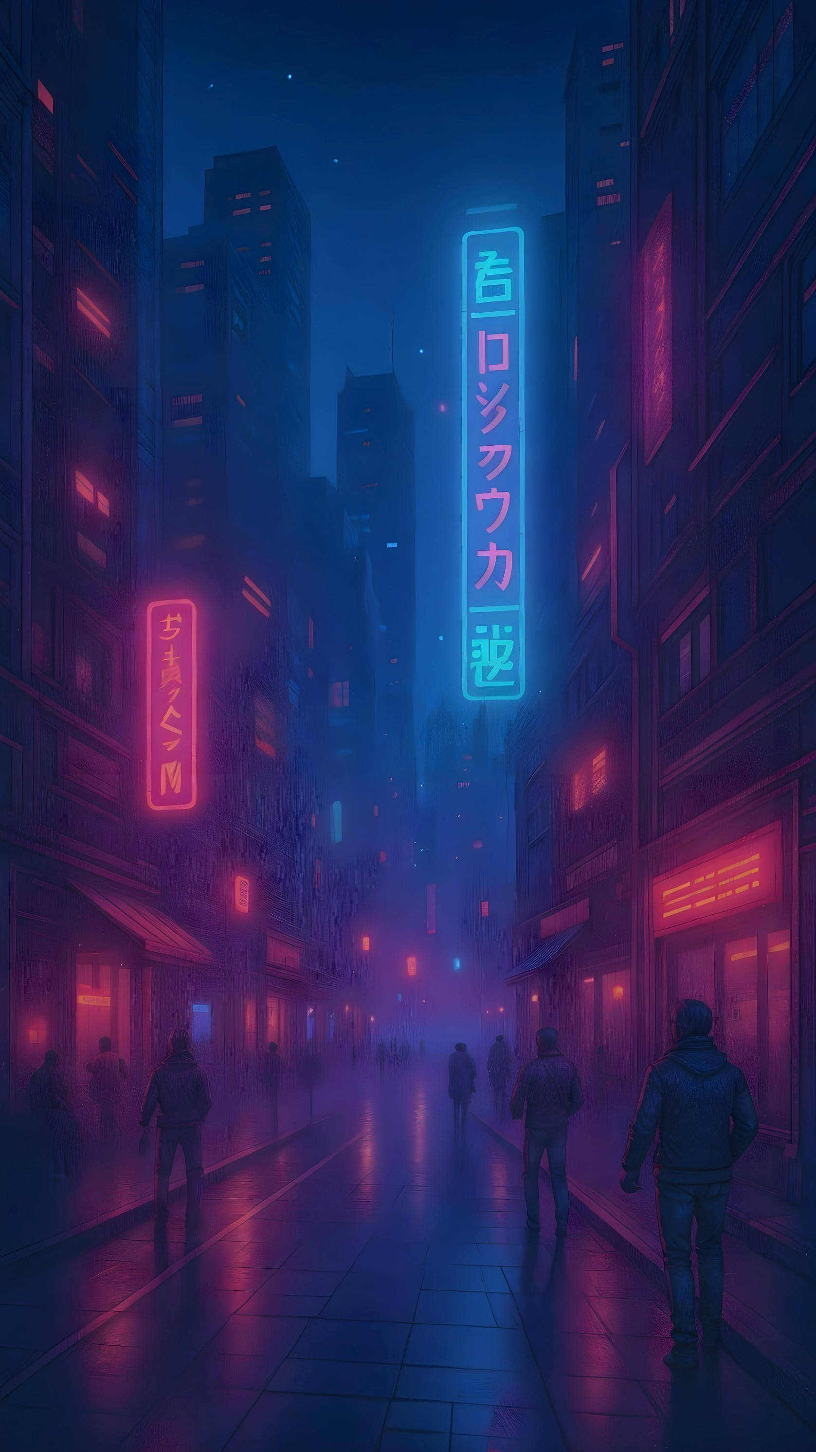 Futuristic Night Cityscape with Neon Lights and Fog