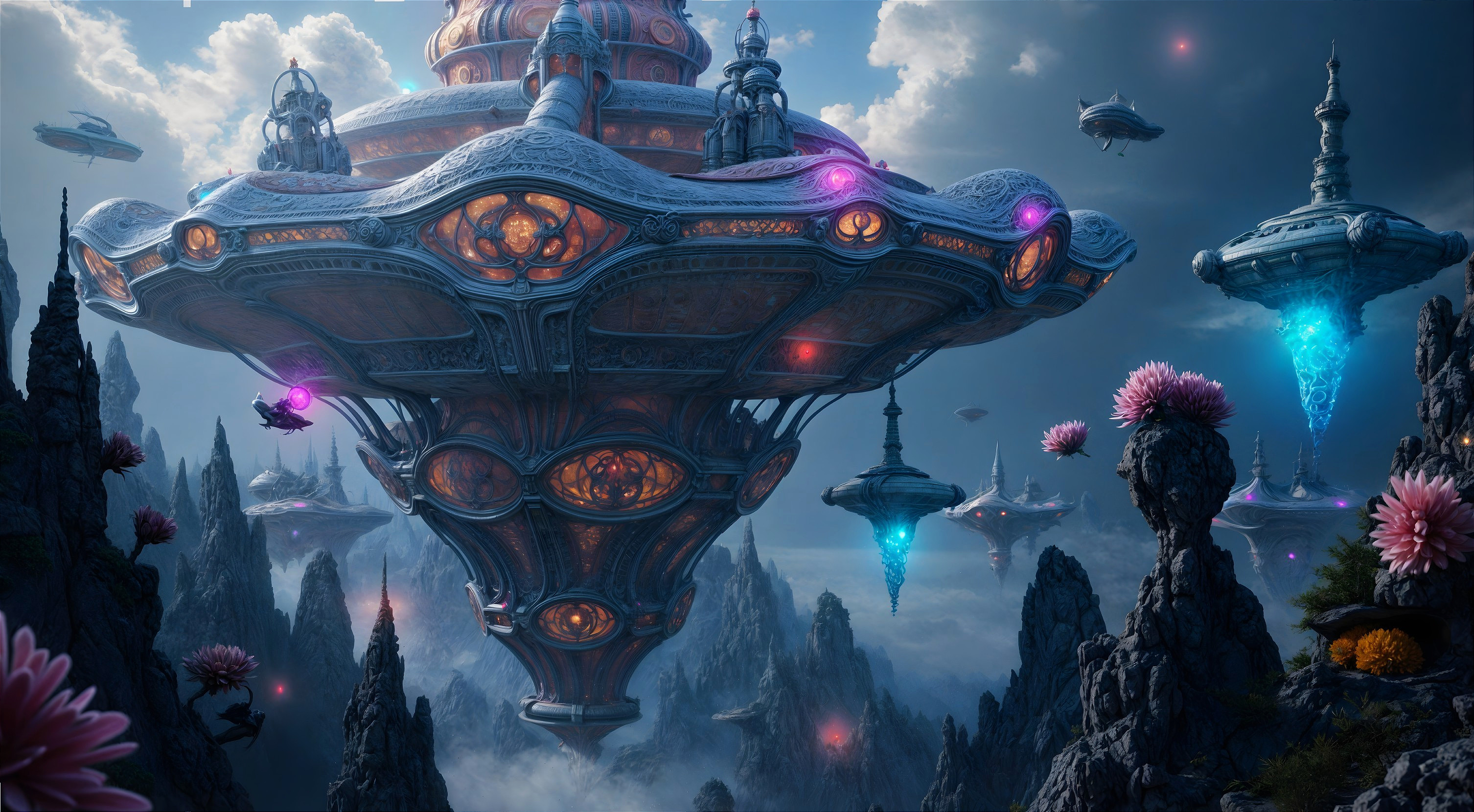 Futuristic landscape with floating structure and flowers