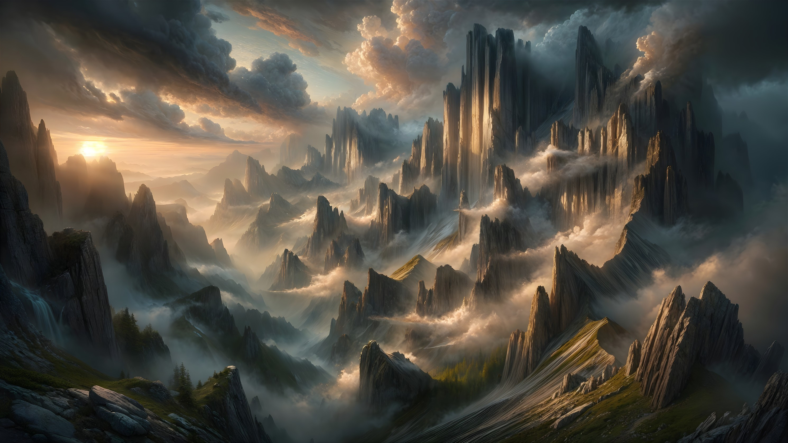 Dramatic Mountain Landscape at Sunset with Mist