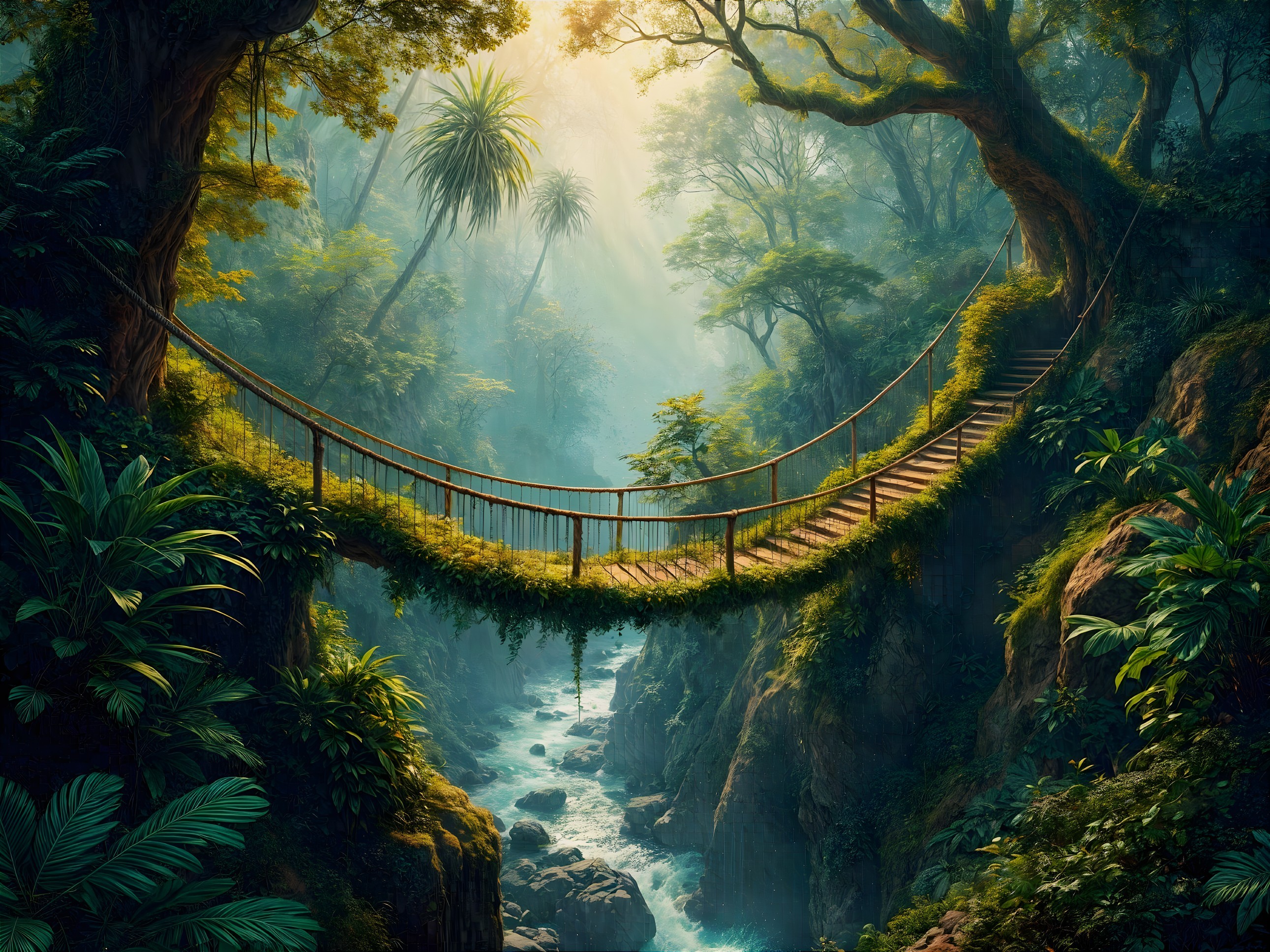 Suspension Bridge in a Vibrant Jungle Landscape