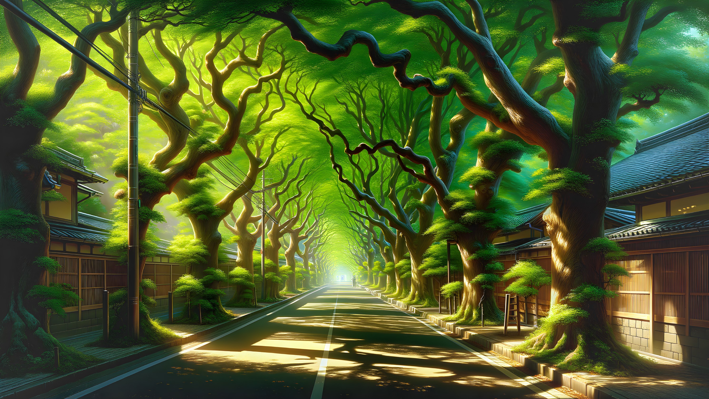 Enchanted Tree-Lined Street: Japanese Art Influence