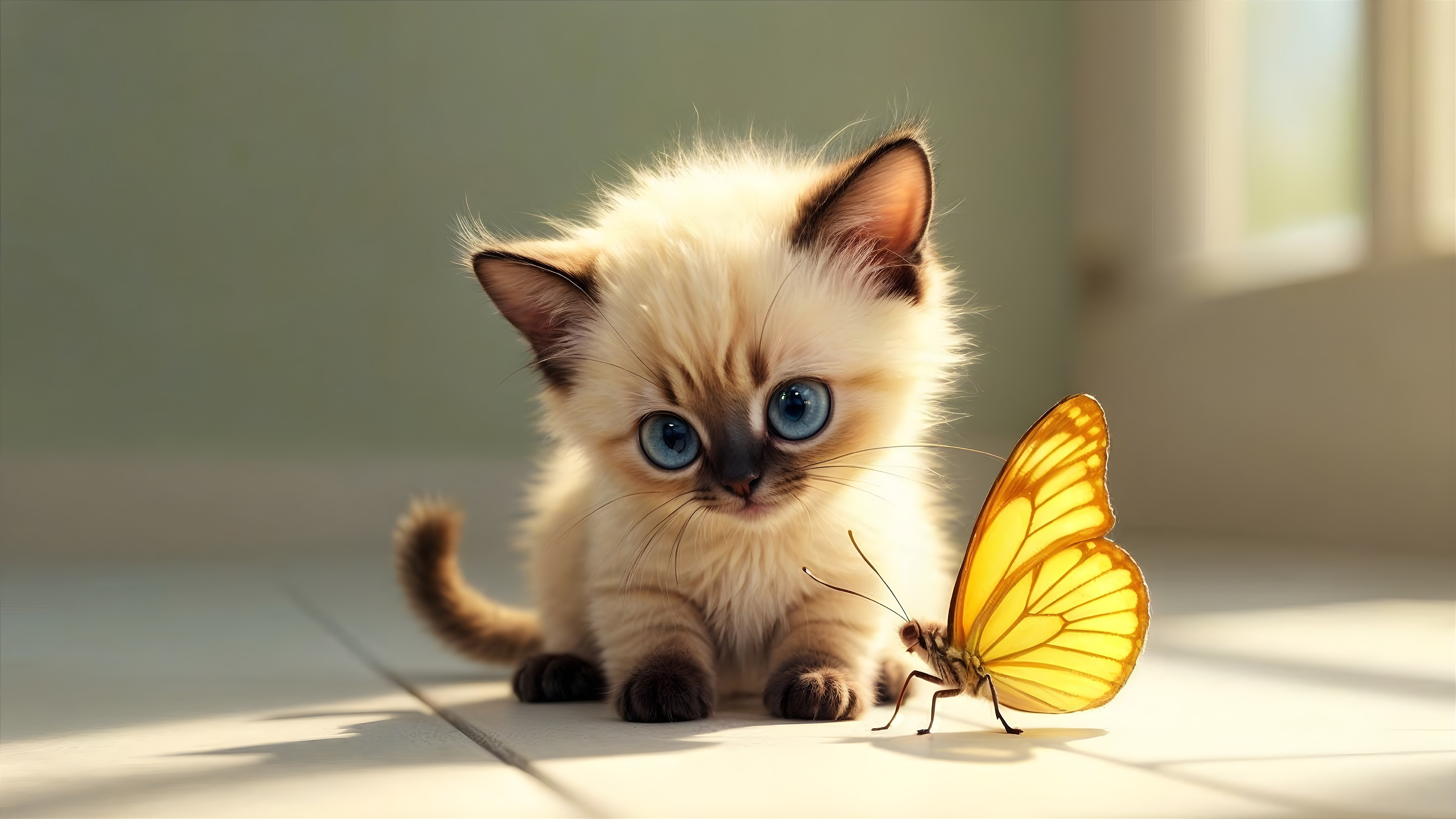 Cream Kitten Observing Yellow Butterfly in Sunlight