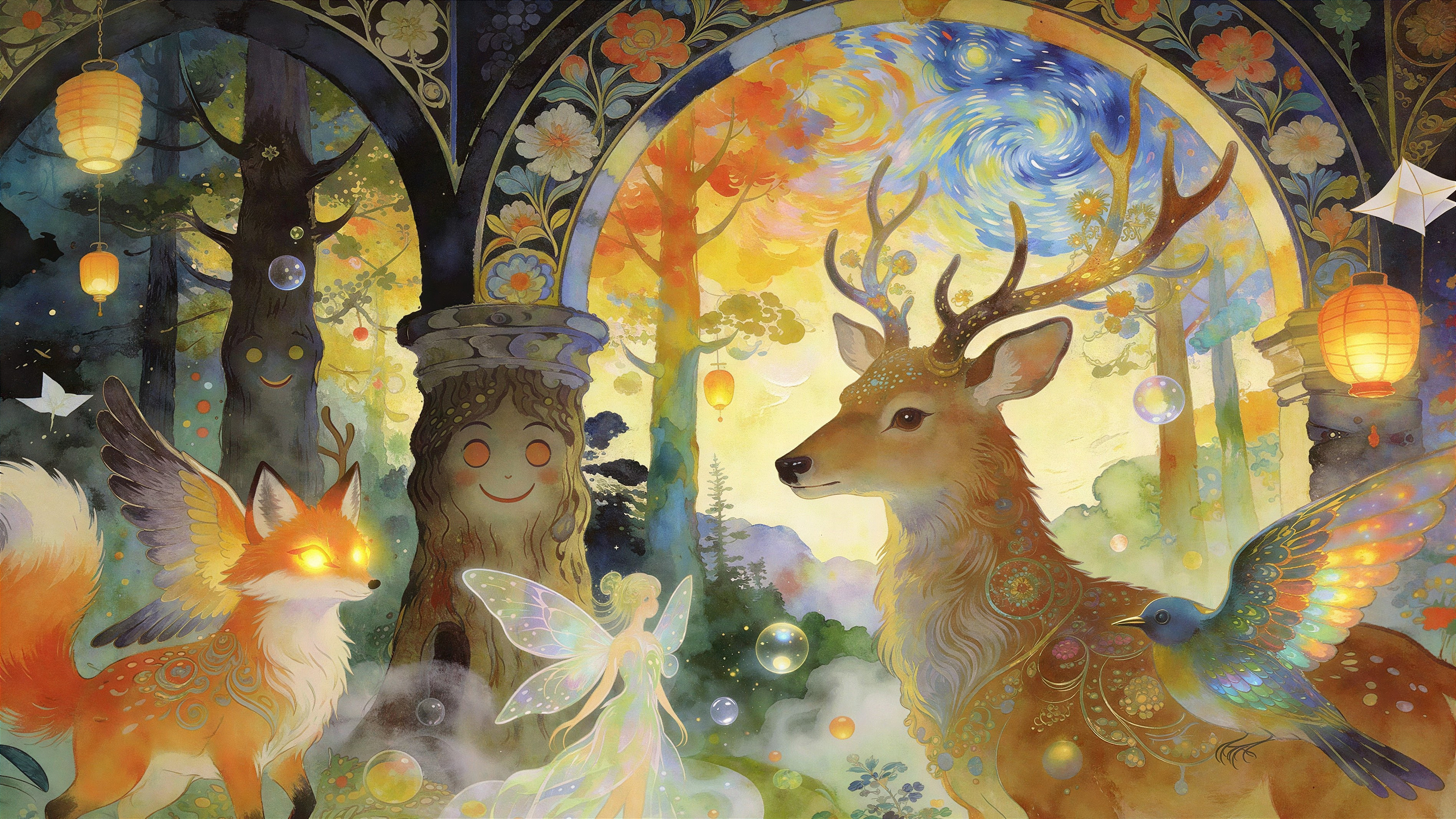 Whimsical Watercolor of Enchanted Forest Scene