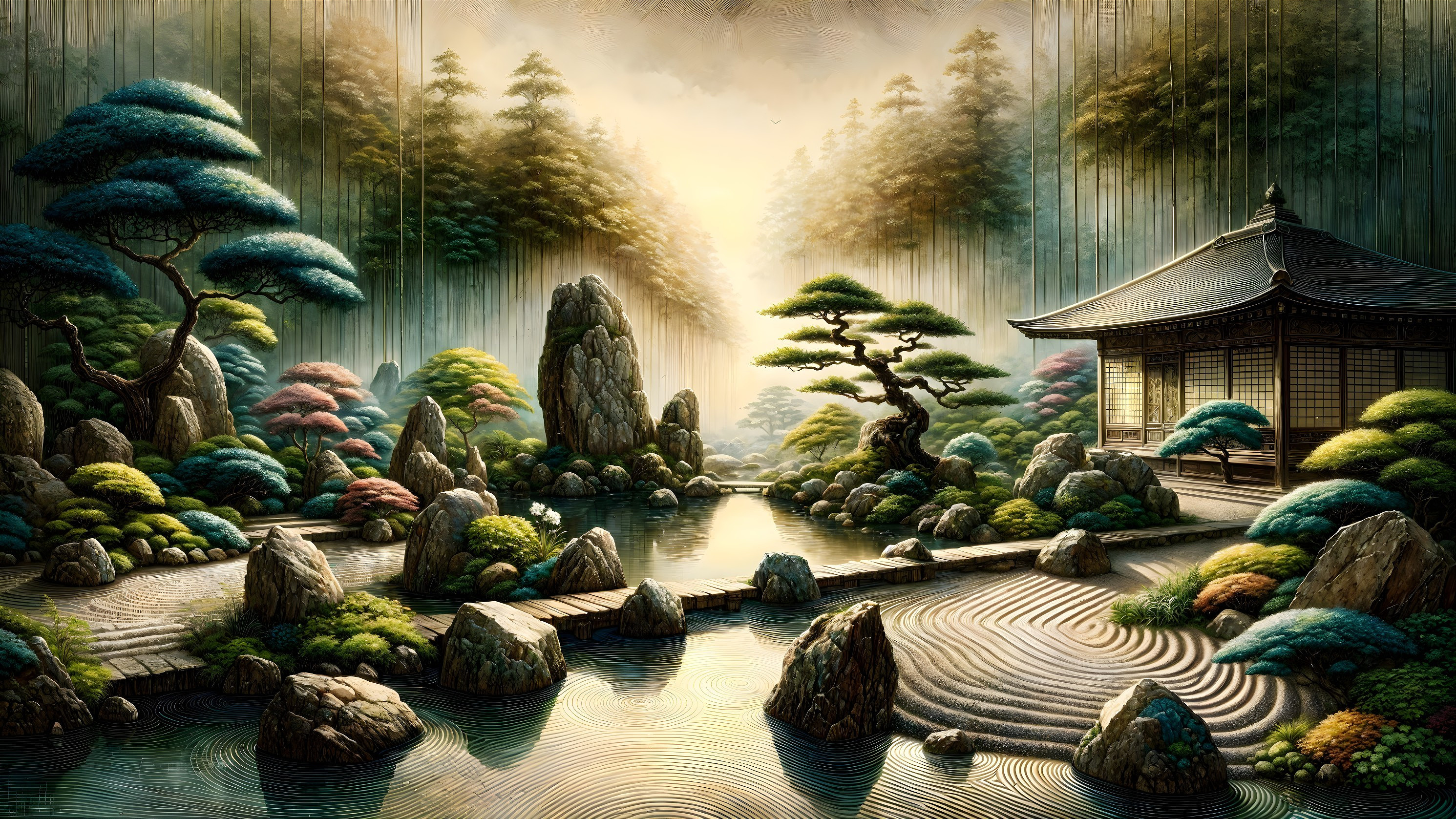 Tranquil Pond Surrounded by Lush Greenery and Pavilion