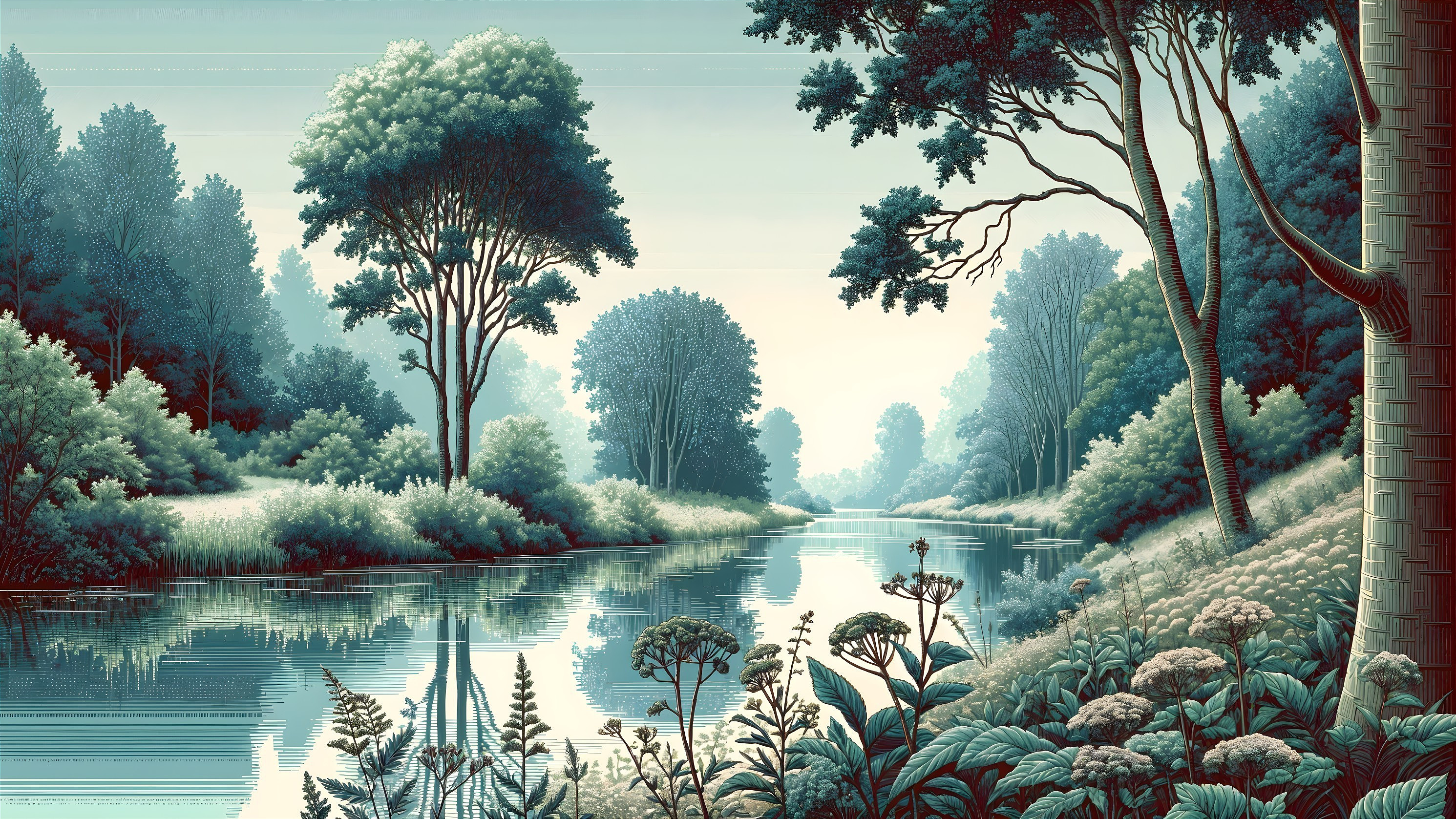 Serene River Landscape with Lush Greenery and Reflections