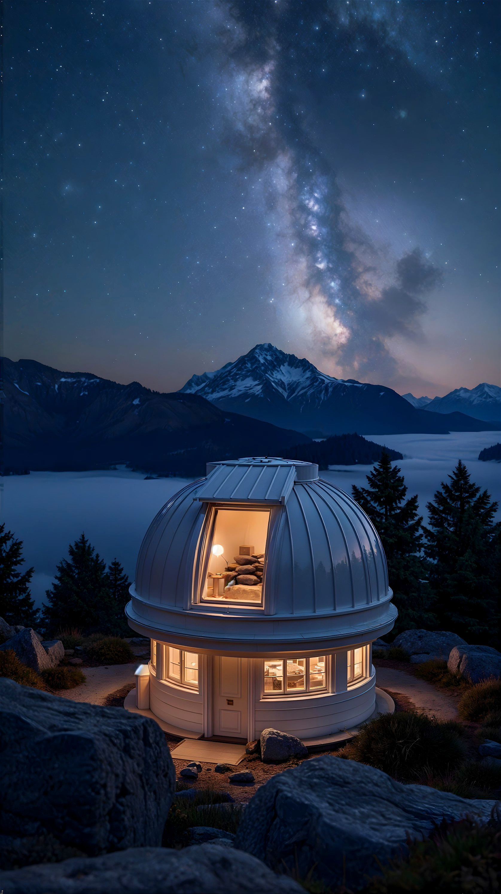 Modern Observatory on Rocky Outcrop Under Night Sky