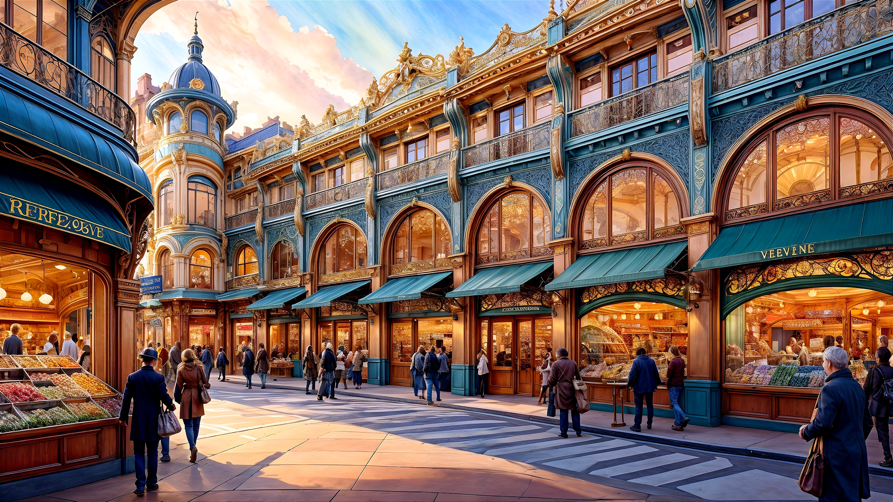 Elegant shopping arcade with ornate architecture and storefronts