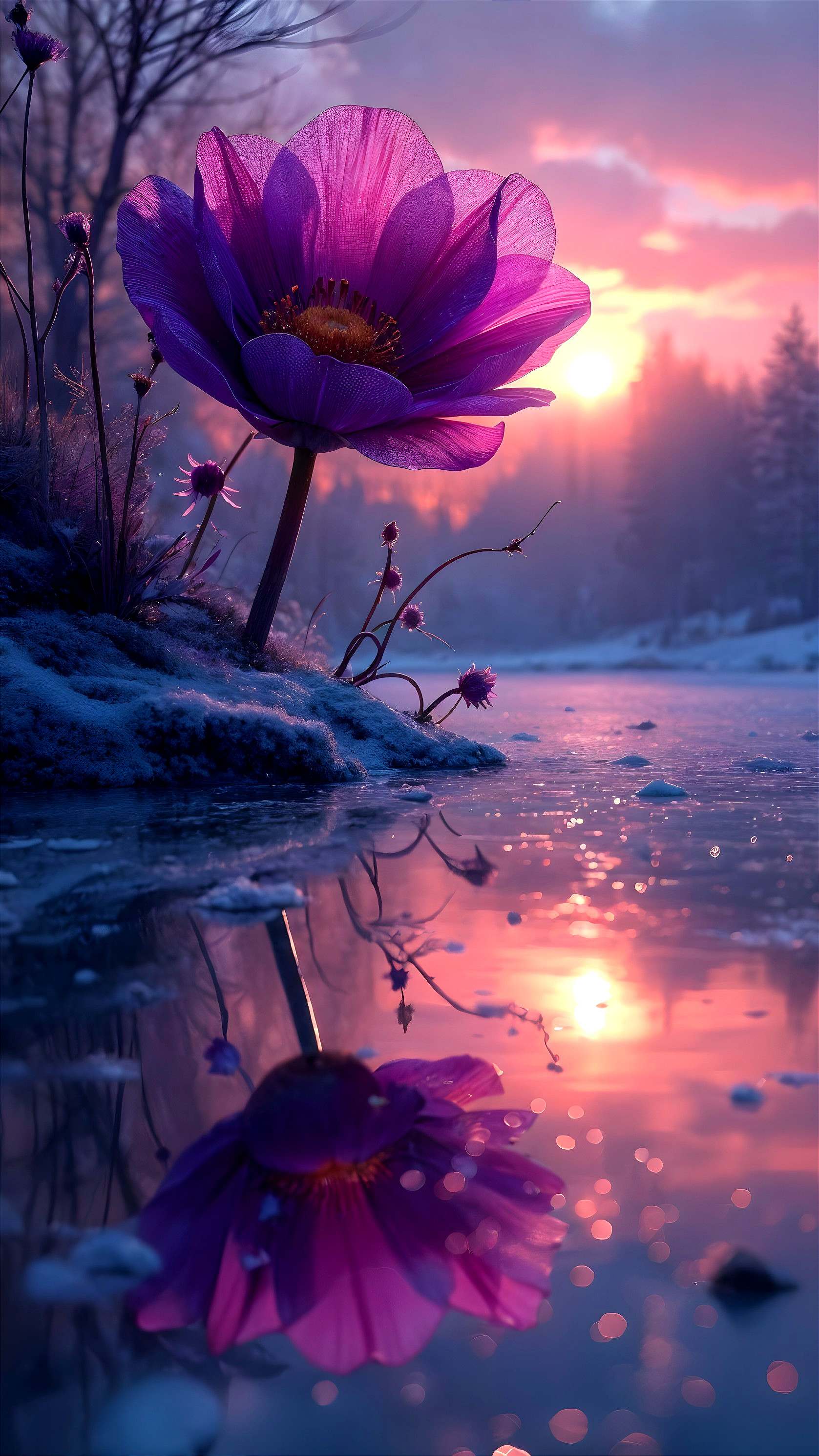 Purple Flower by Icy Pond at Sunset with Reflections