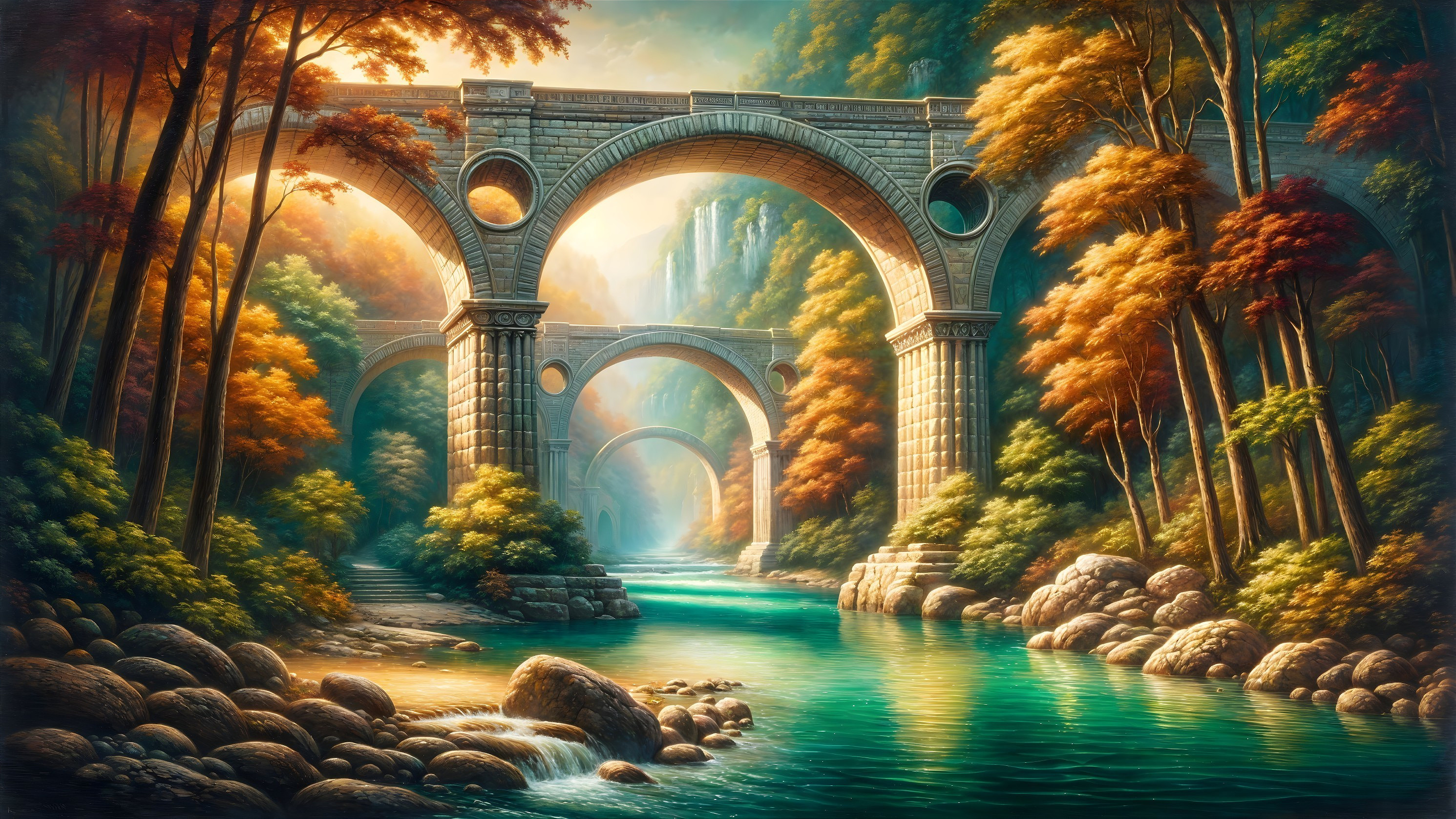 Serene Landscape with River and Autumn Foliage