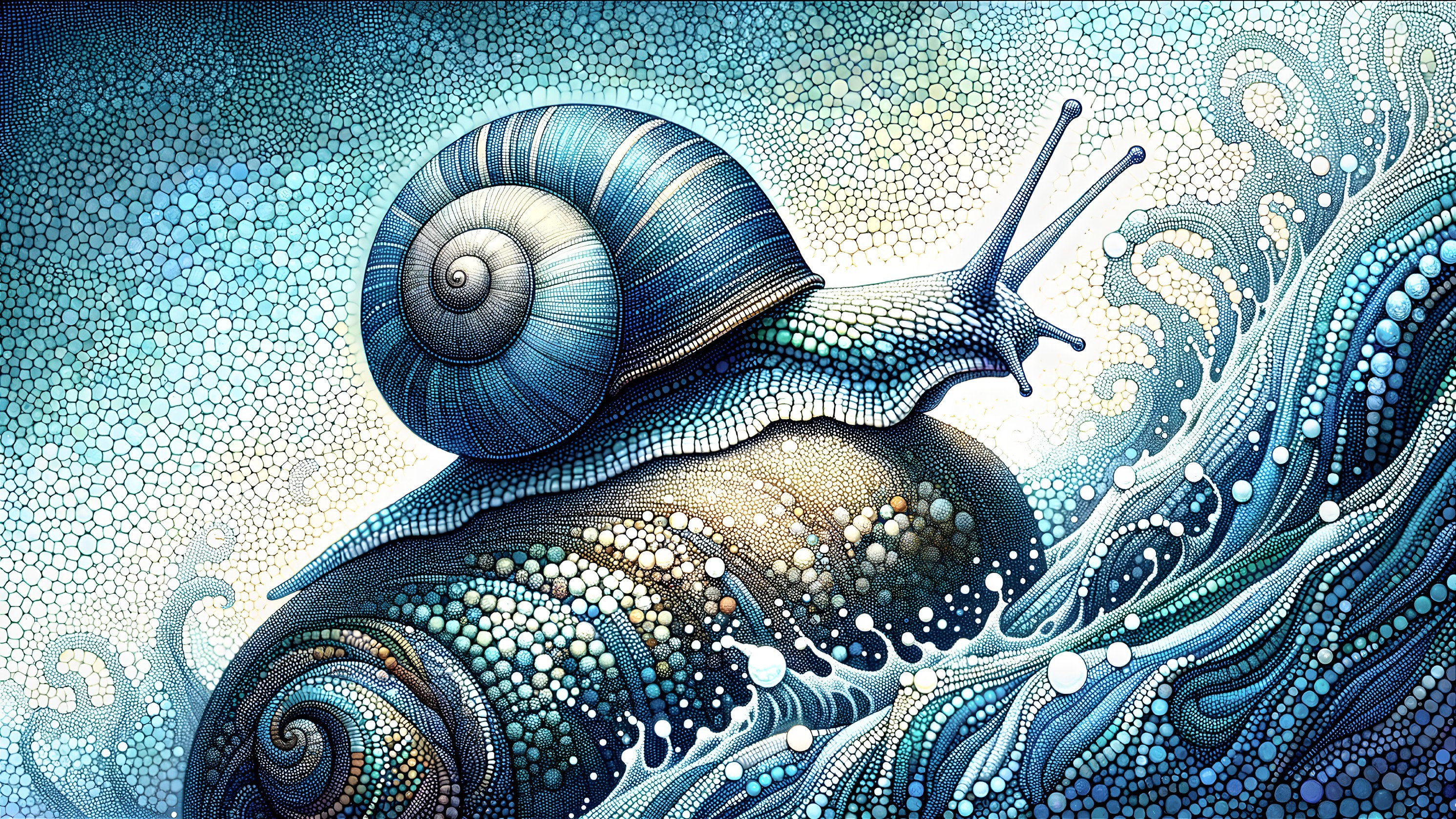 Stylized Snail on Textured Shell with Ocean Waves