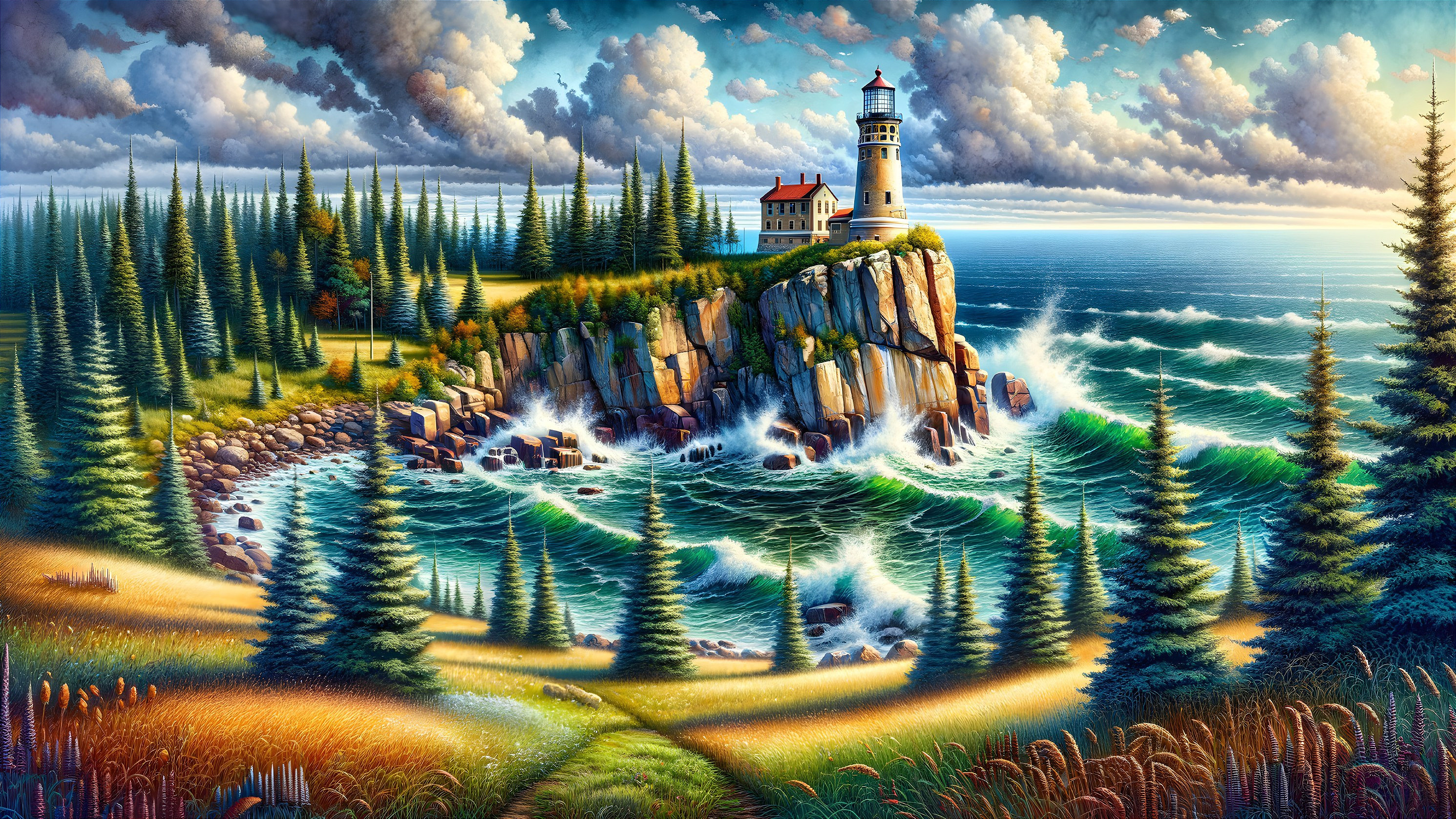 Coastal Landscape with Lighthouse and Dramatic Sky