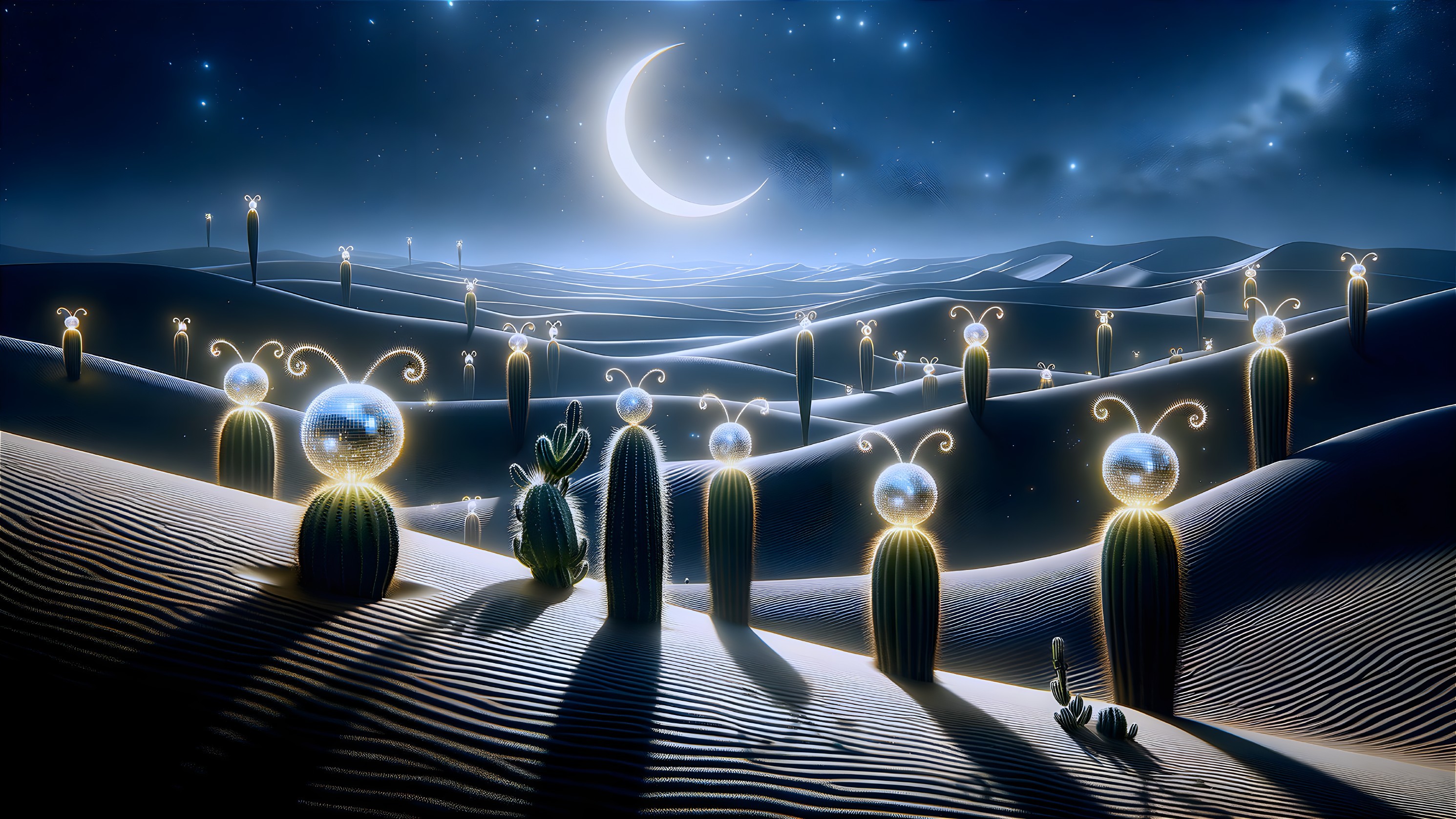 Surreal Desert Landscape with Luminous Cacti and Moon