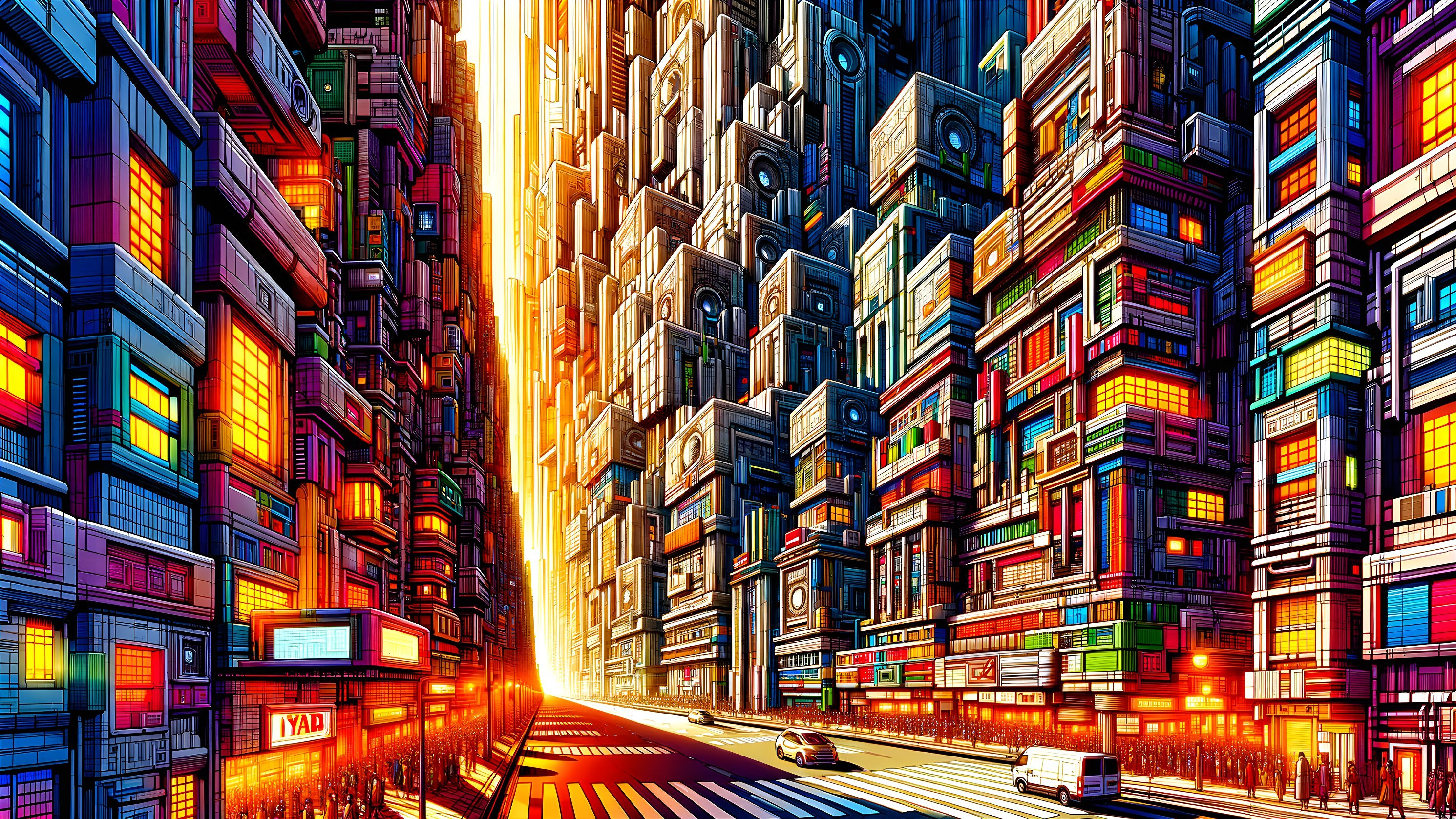 Futuristic cityscape with colorful geometric buildings