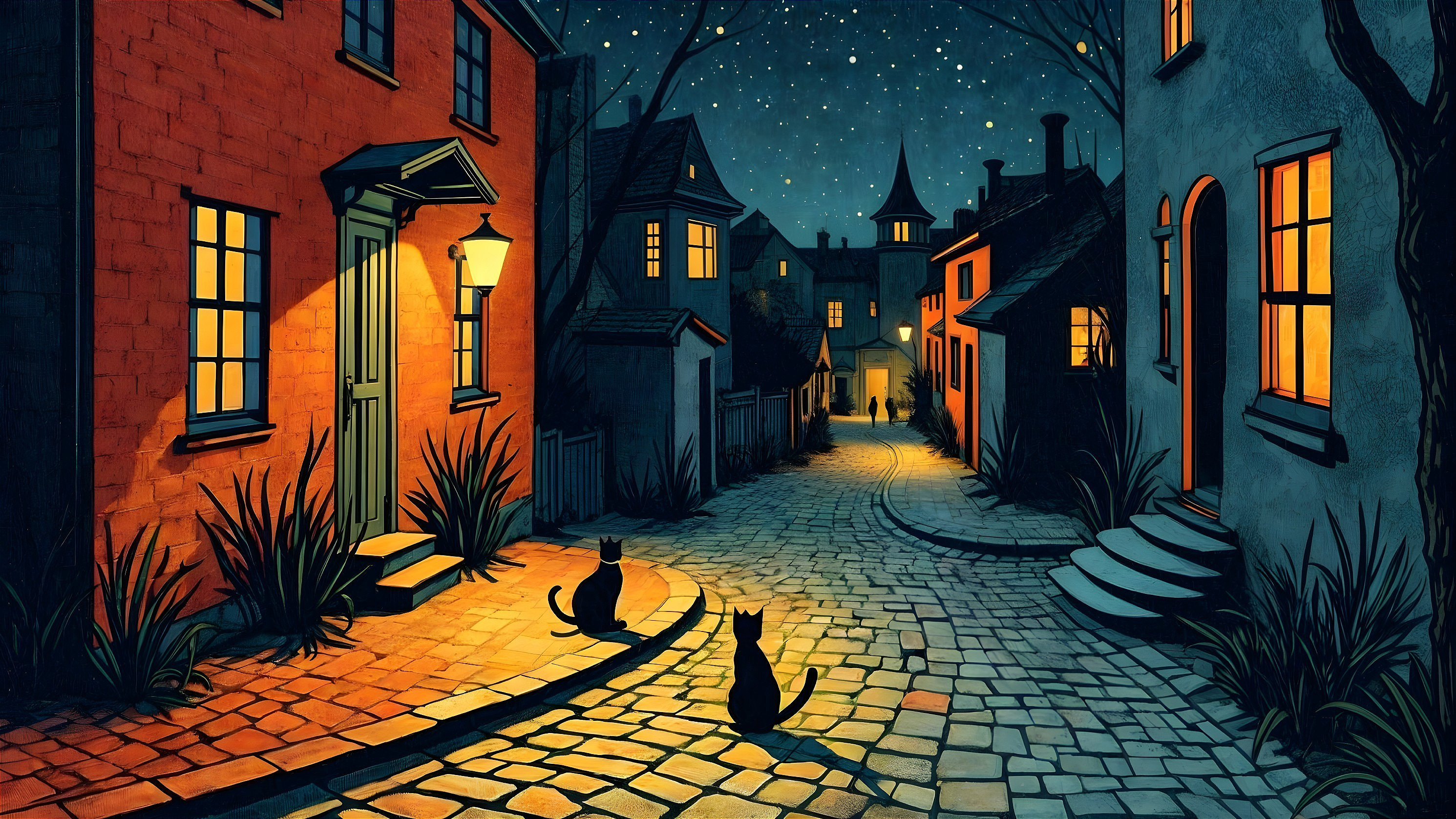Tranquil Night Scene with Black Cats and Cobblestone Street