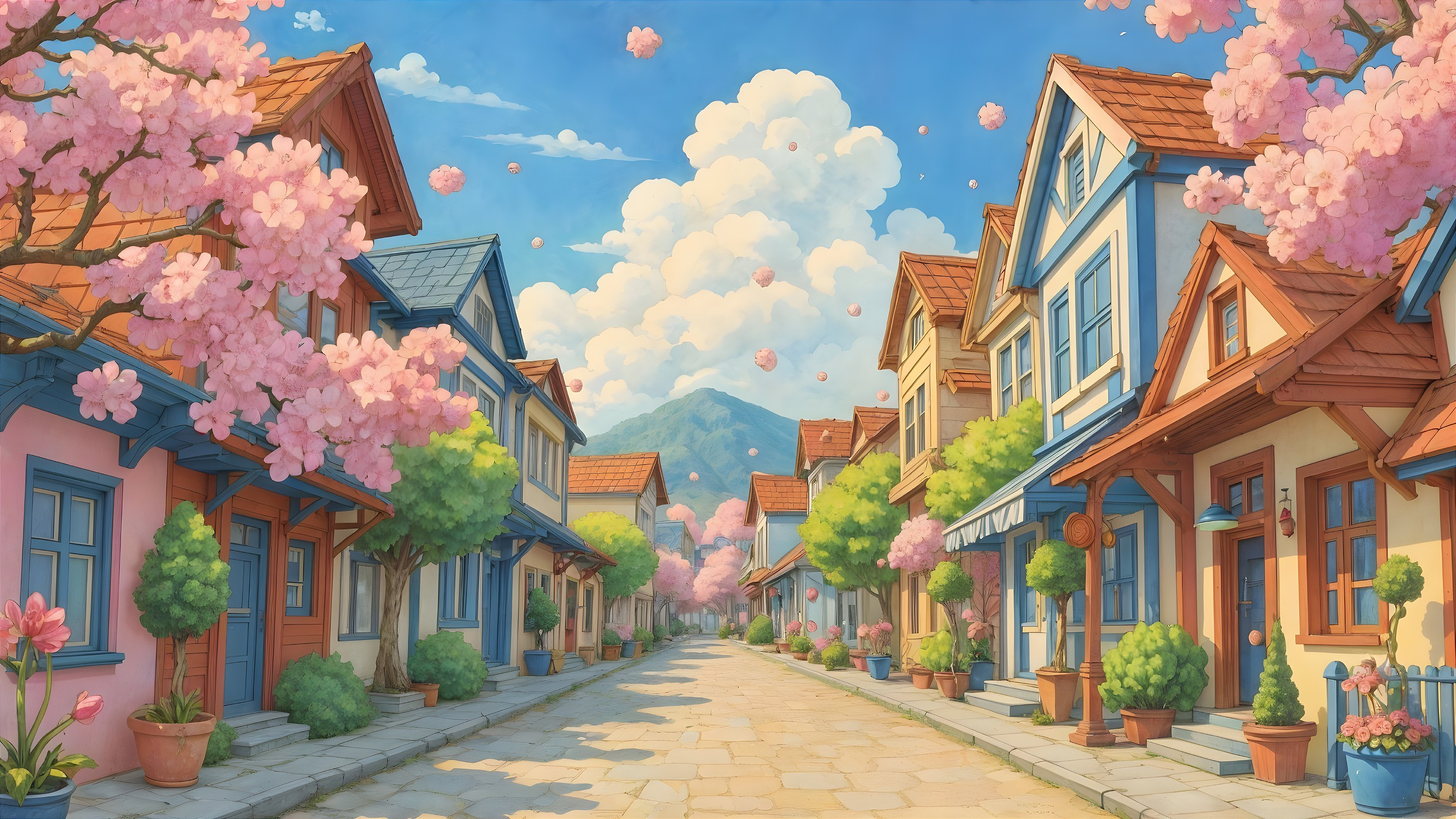 Charming Street with Colorful Houses and Cherry Blossoms