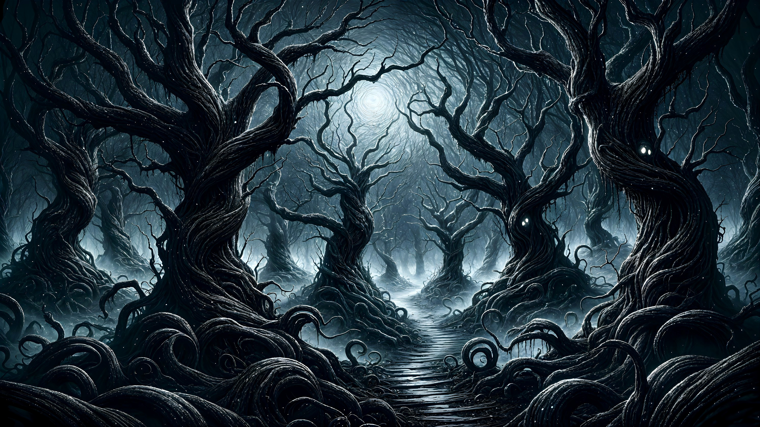 Eerie Forest with Twisted Trees and Haunting Atmosphere