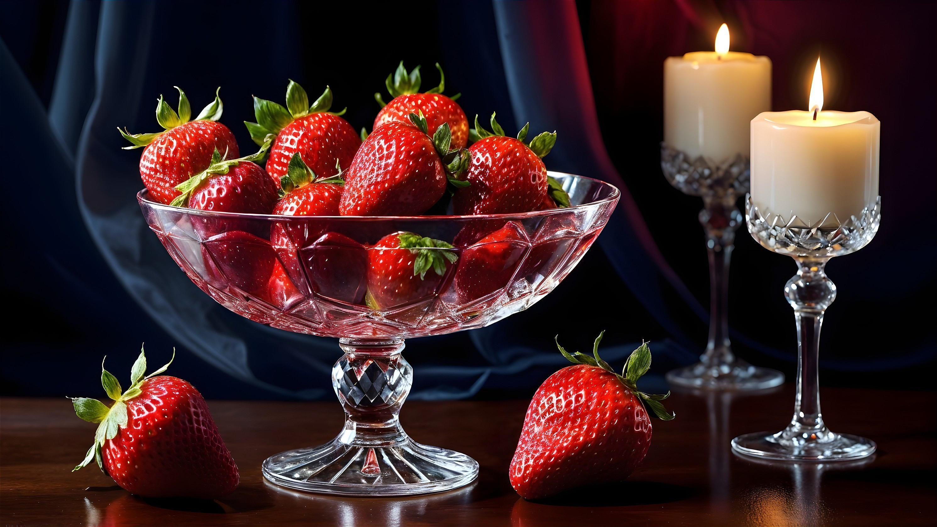 Crystal Bowl with Red Strawberries and Candles