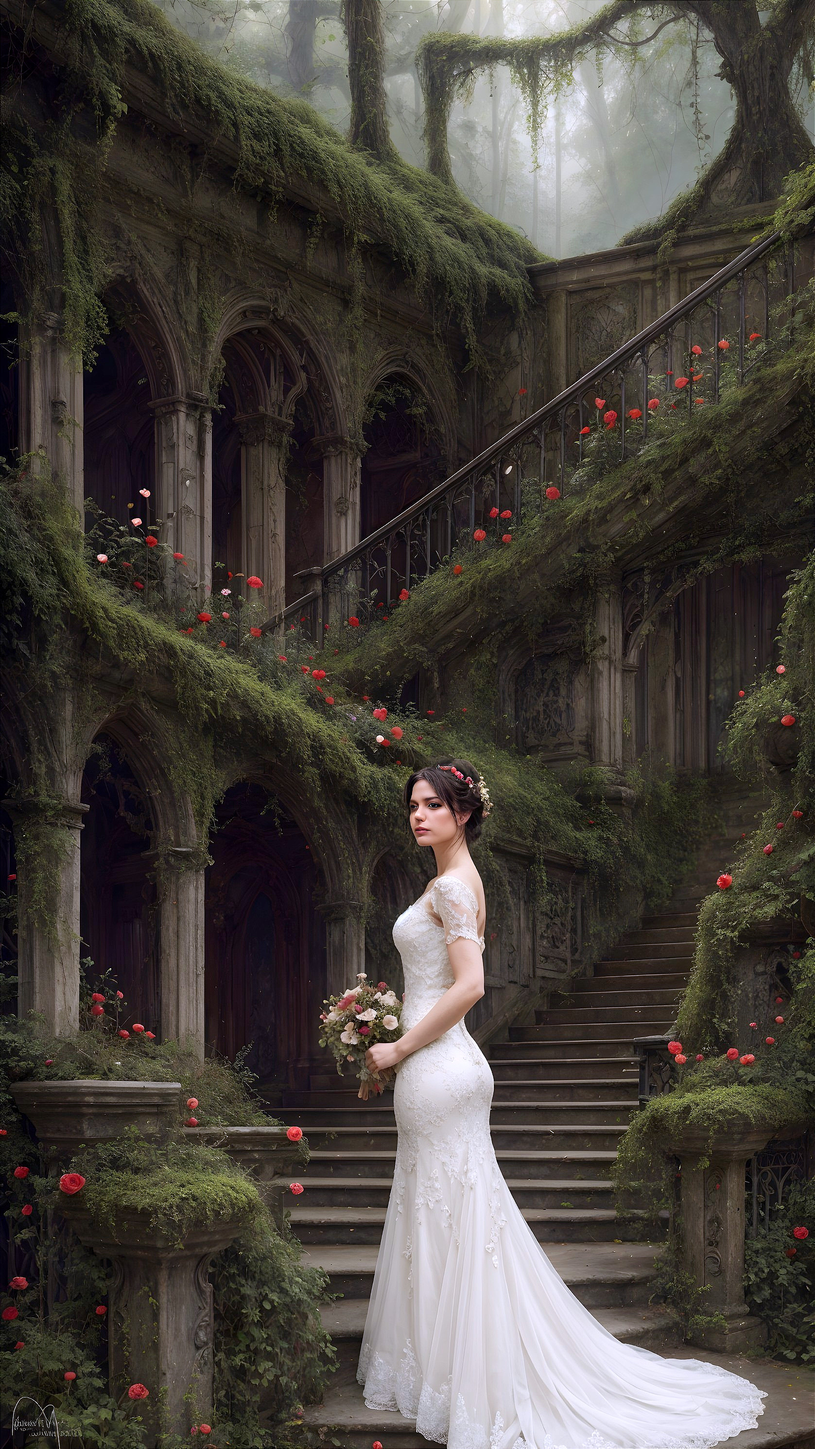 Enchanting Courtyard with Bride in Elegant Gown