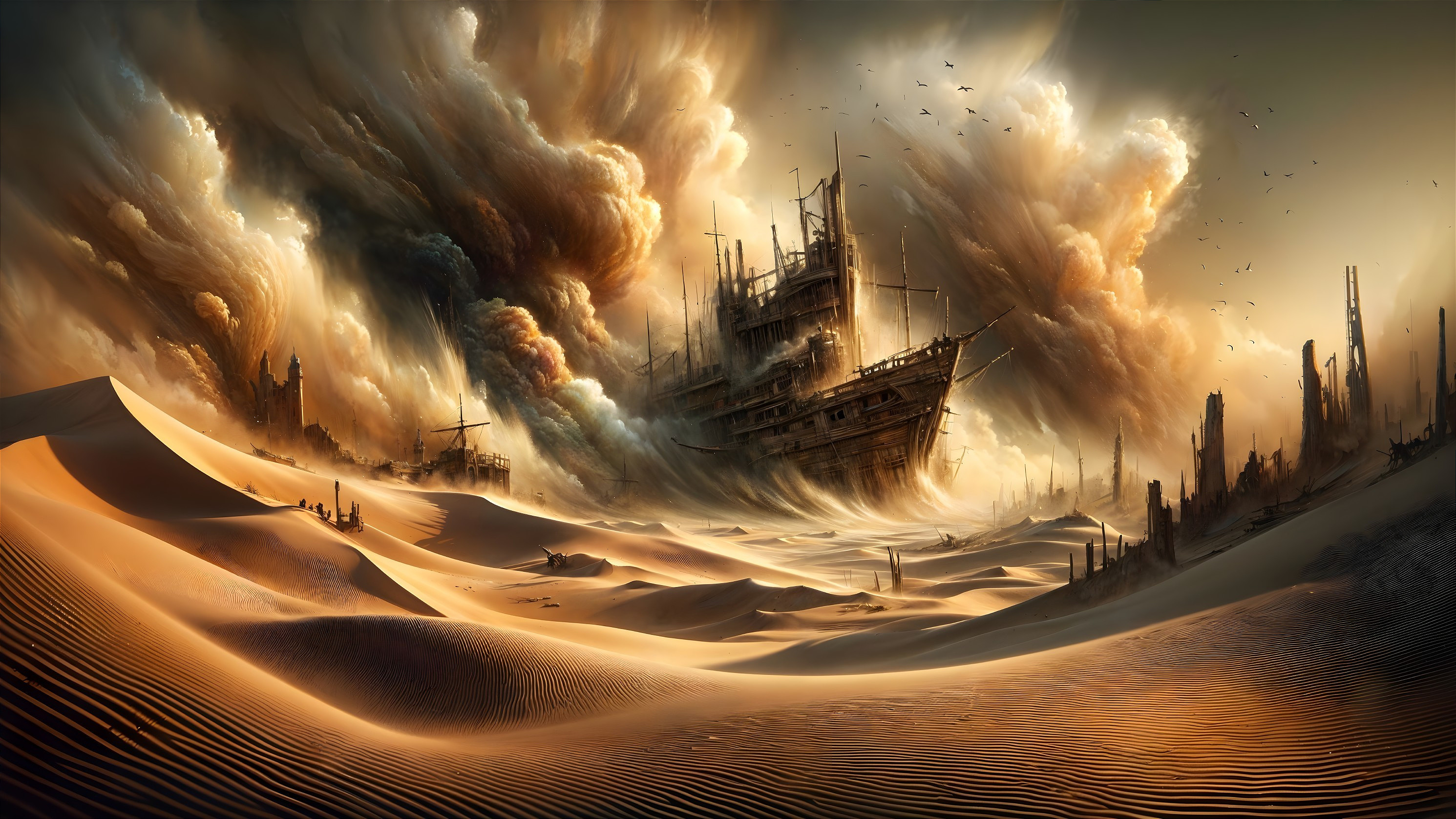 Abandoned Ship in a Desert Landscape with Stormy Sky