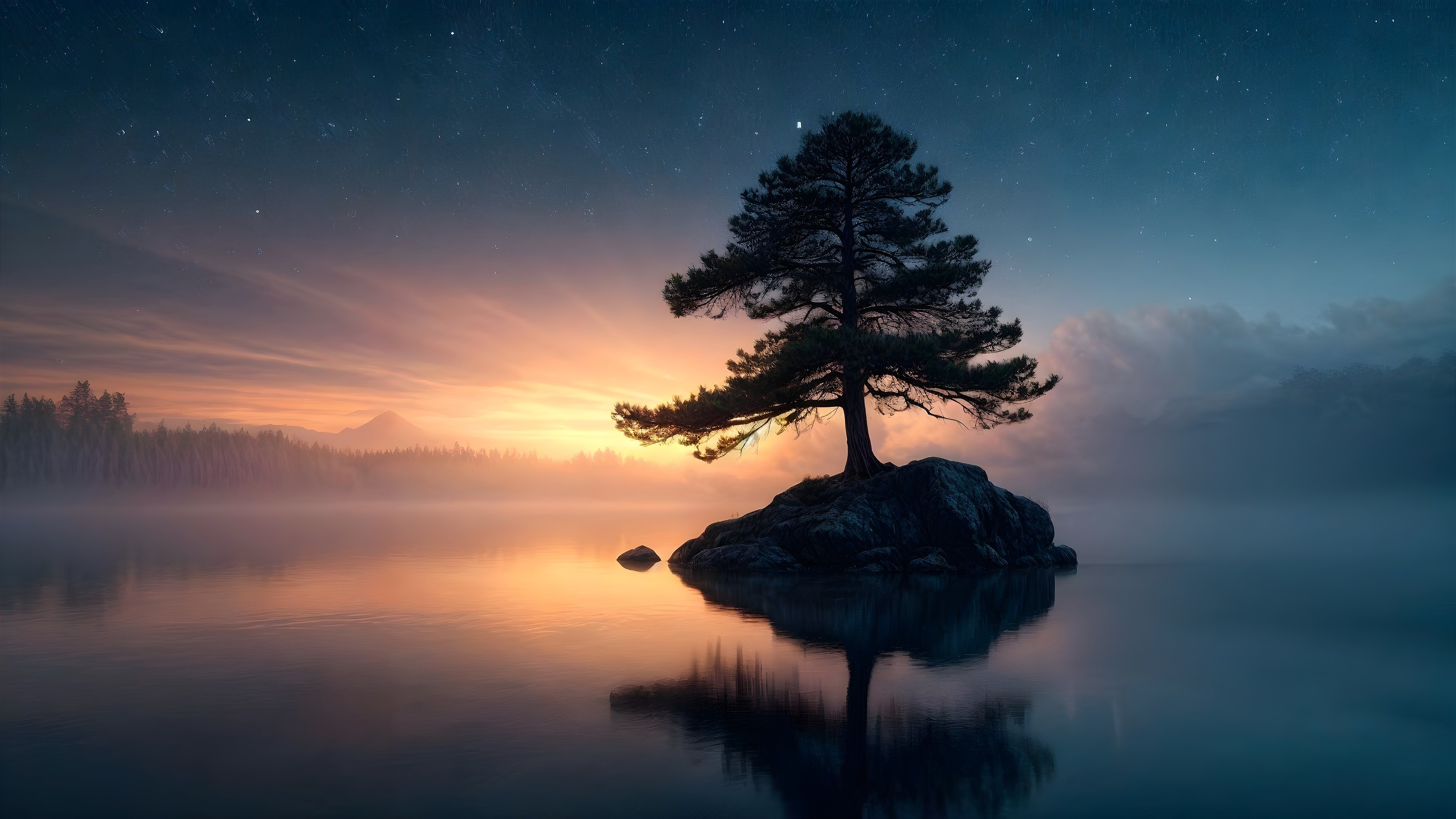 Solitary tree on rocky island at tranquil lake sunrise