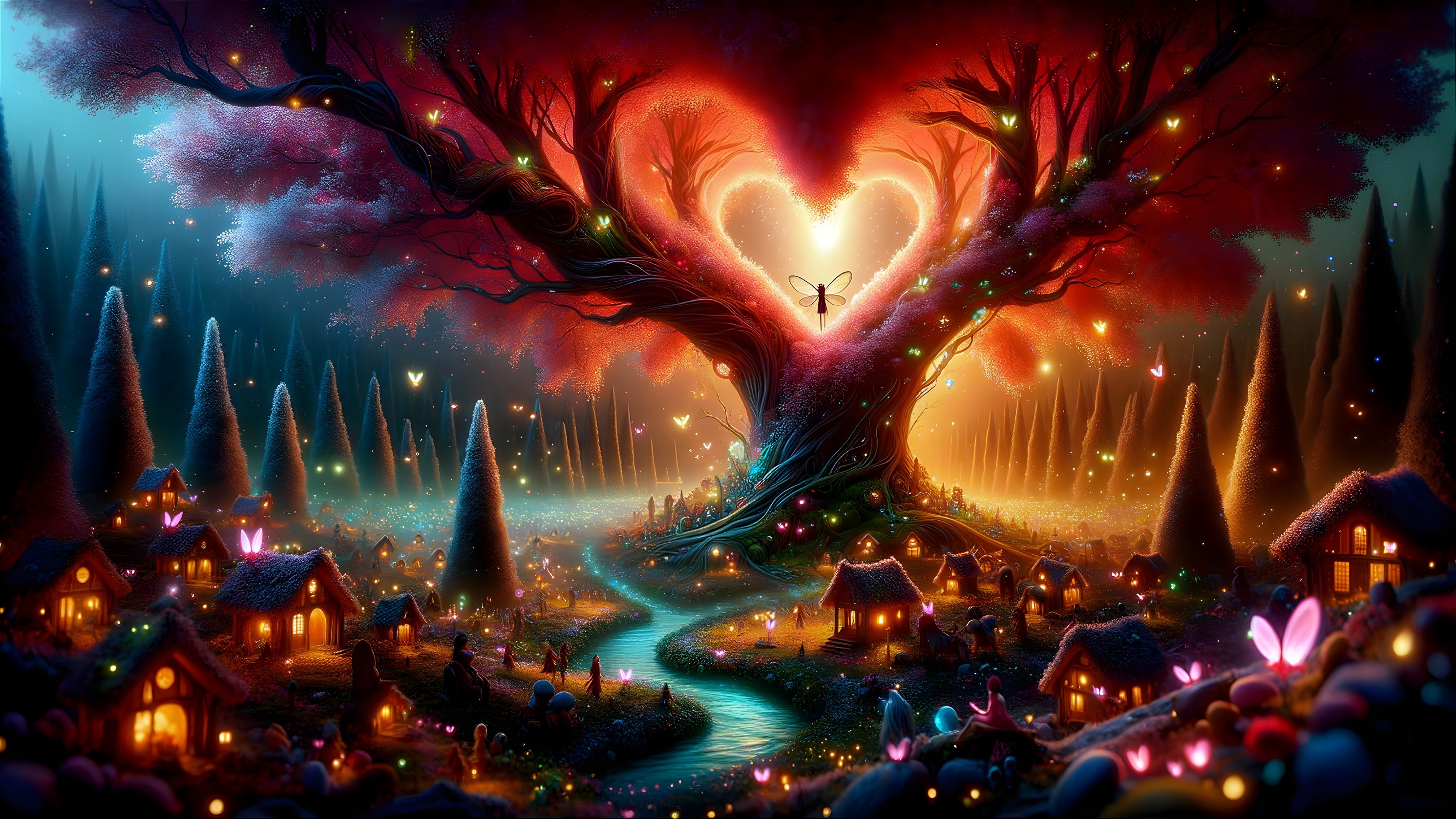 Whimsical Heart-Shaped Tree in Enchanting Landscape
