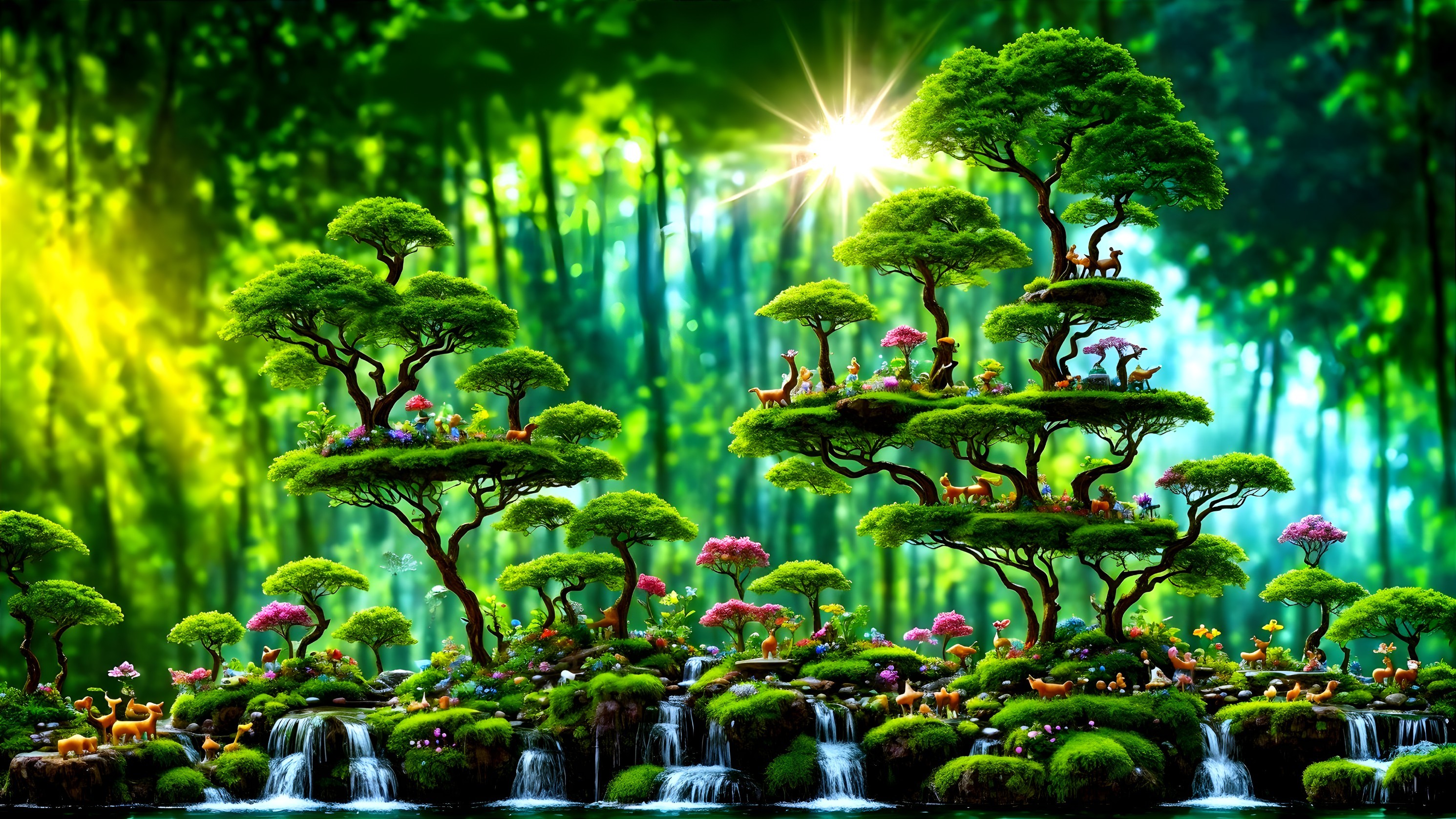 Lush Forest Scene with Colorful Flora and Wildlife