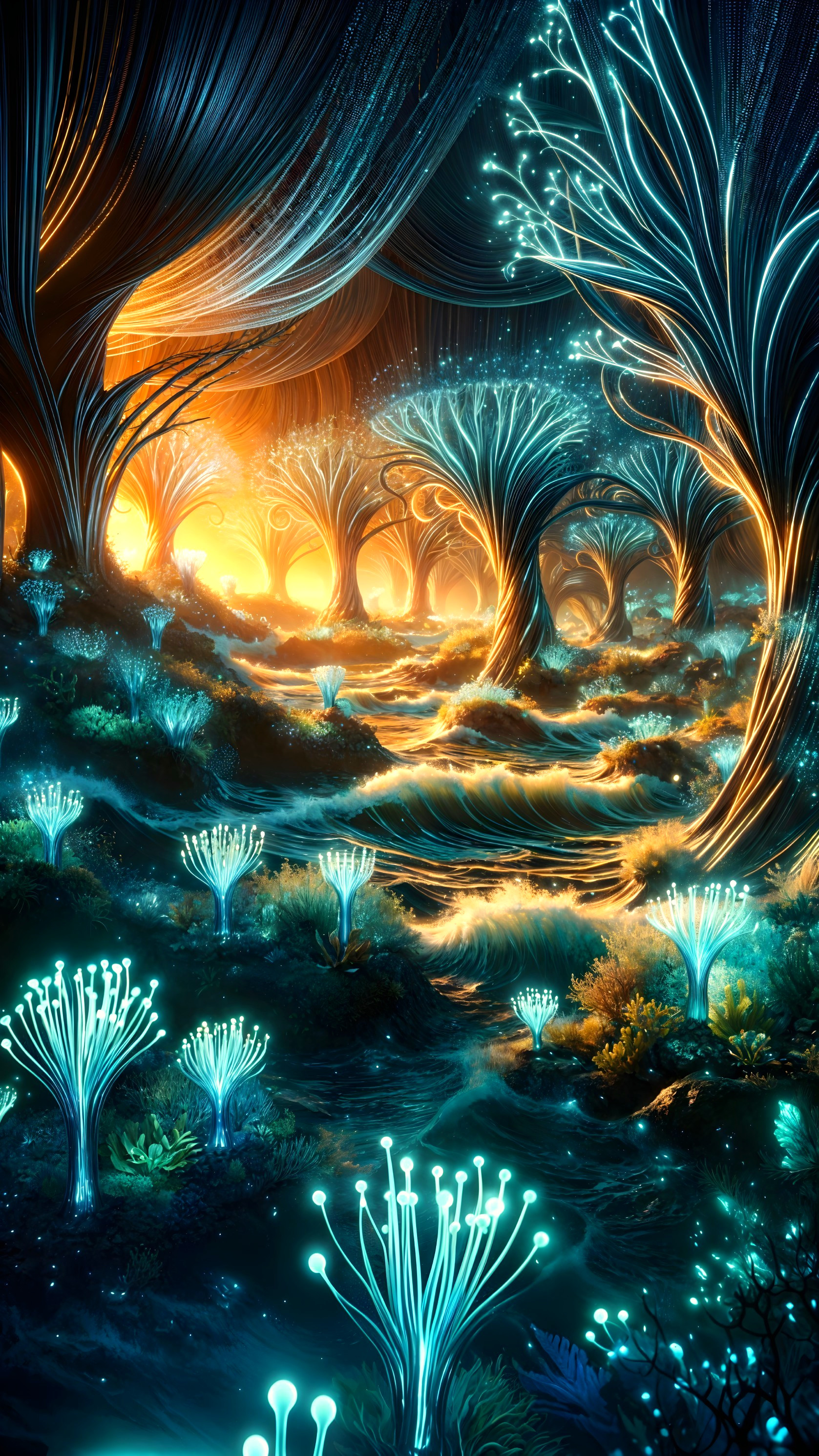 Enchanted Forest with Bioluminescent Flora and Waterway