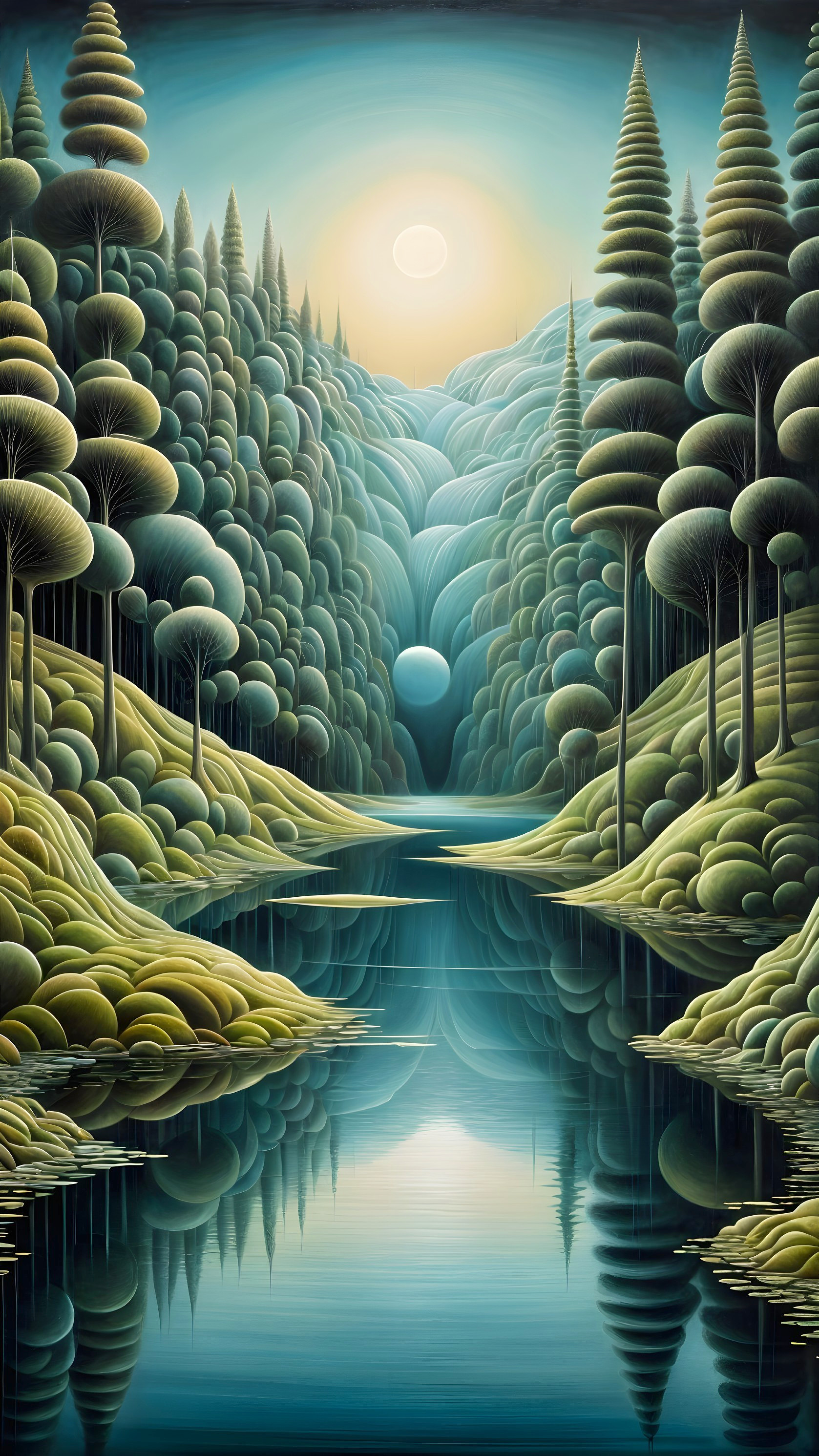 Tranquil Landscape with Soft Trees and Rolling Hills