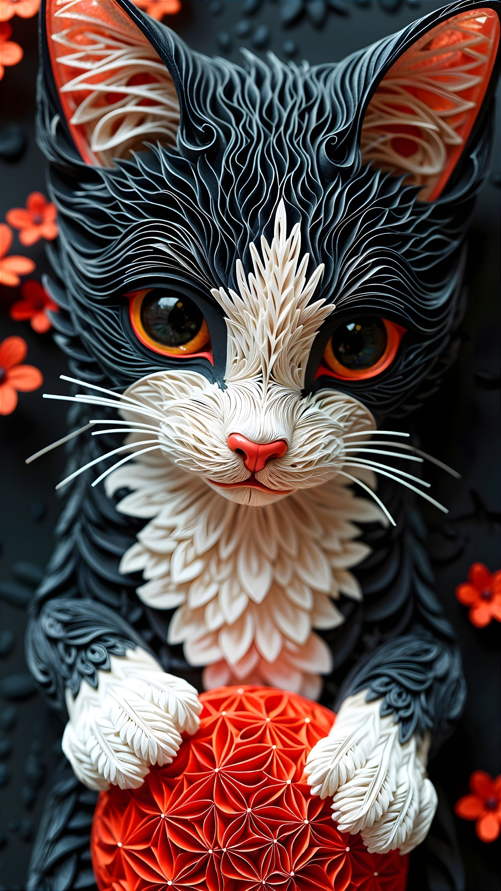 Whimsical Quilling Art of a Cat with Flowers
