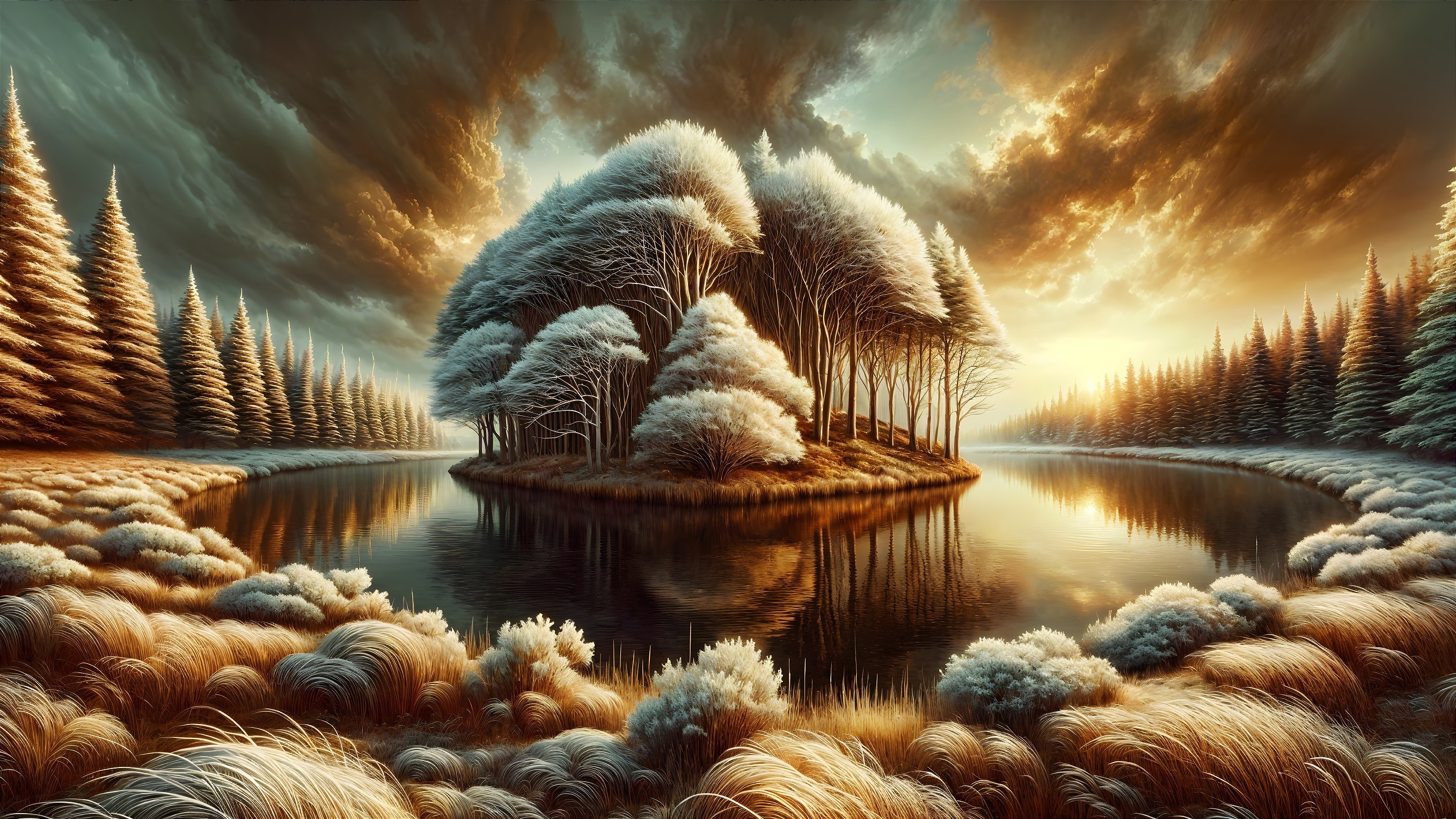 Serene Island Landscape with Reflective River and Frosted Trees