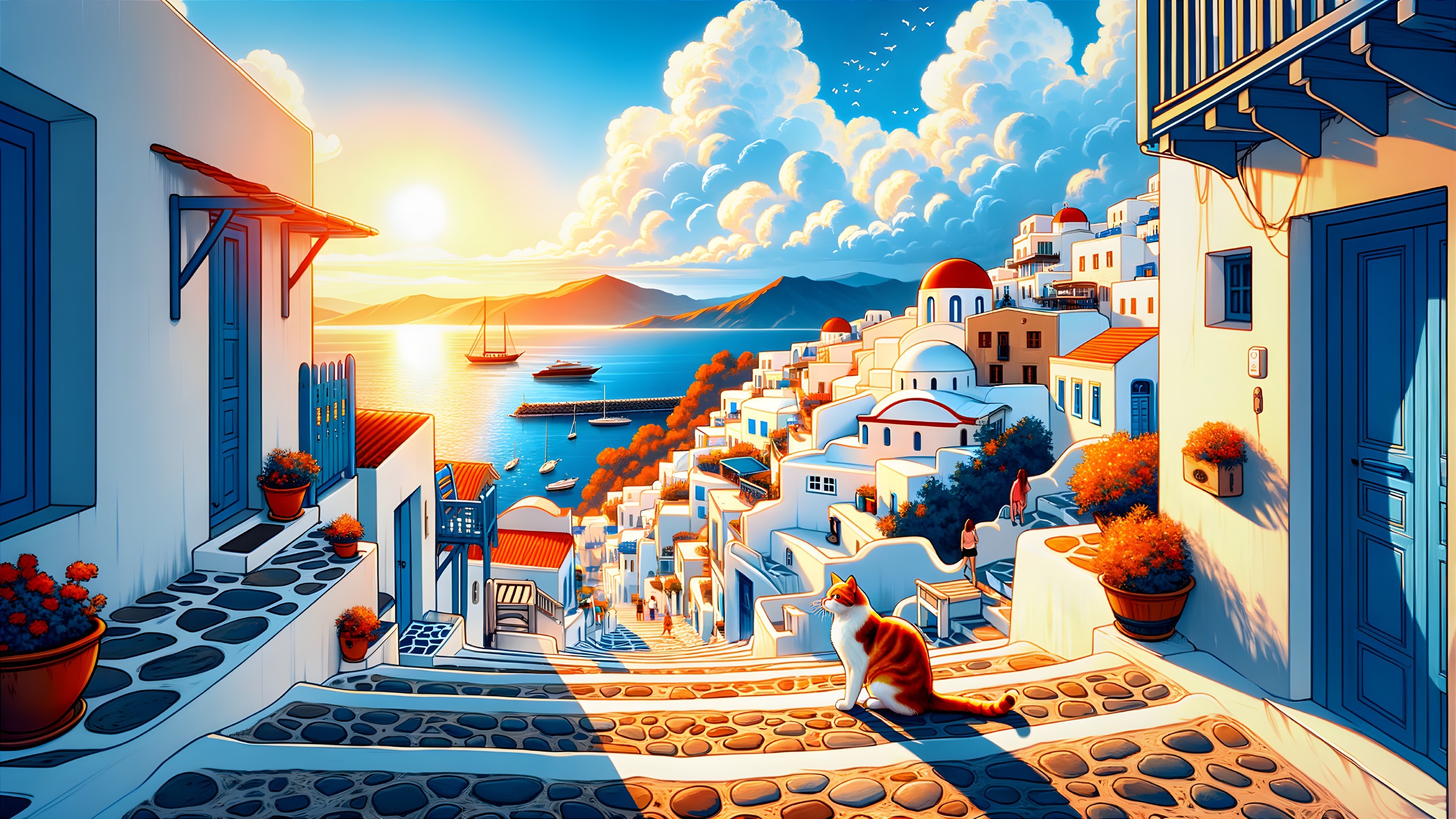 Seaside Village at Sunset with Whitewashed Buildings