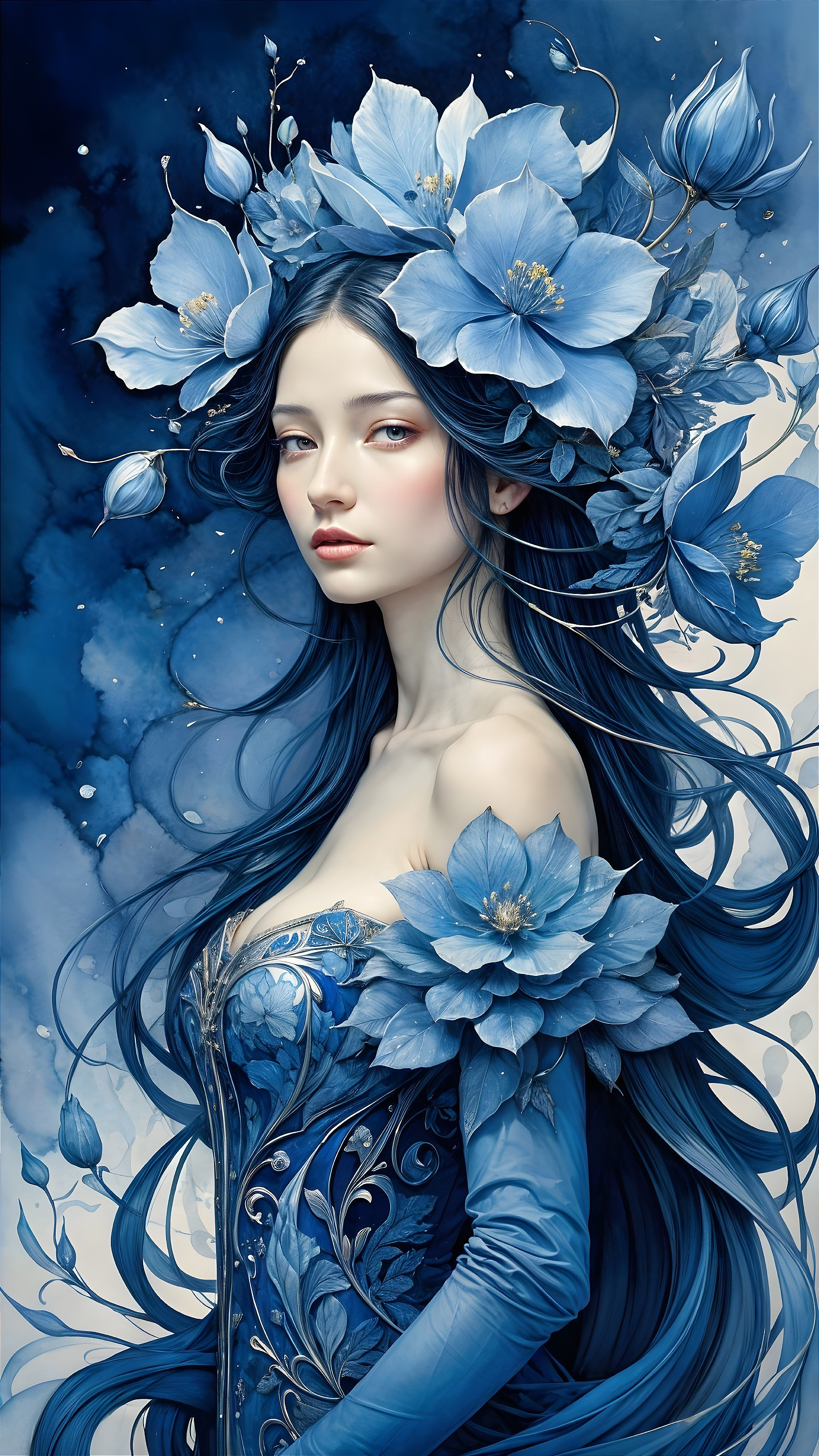 Woman in Blue Flowers with Watercolor Effects
