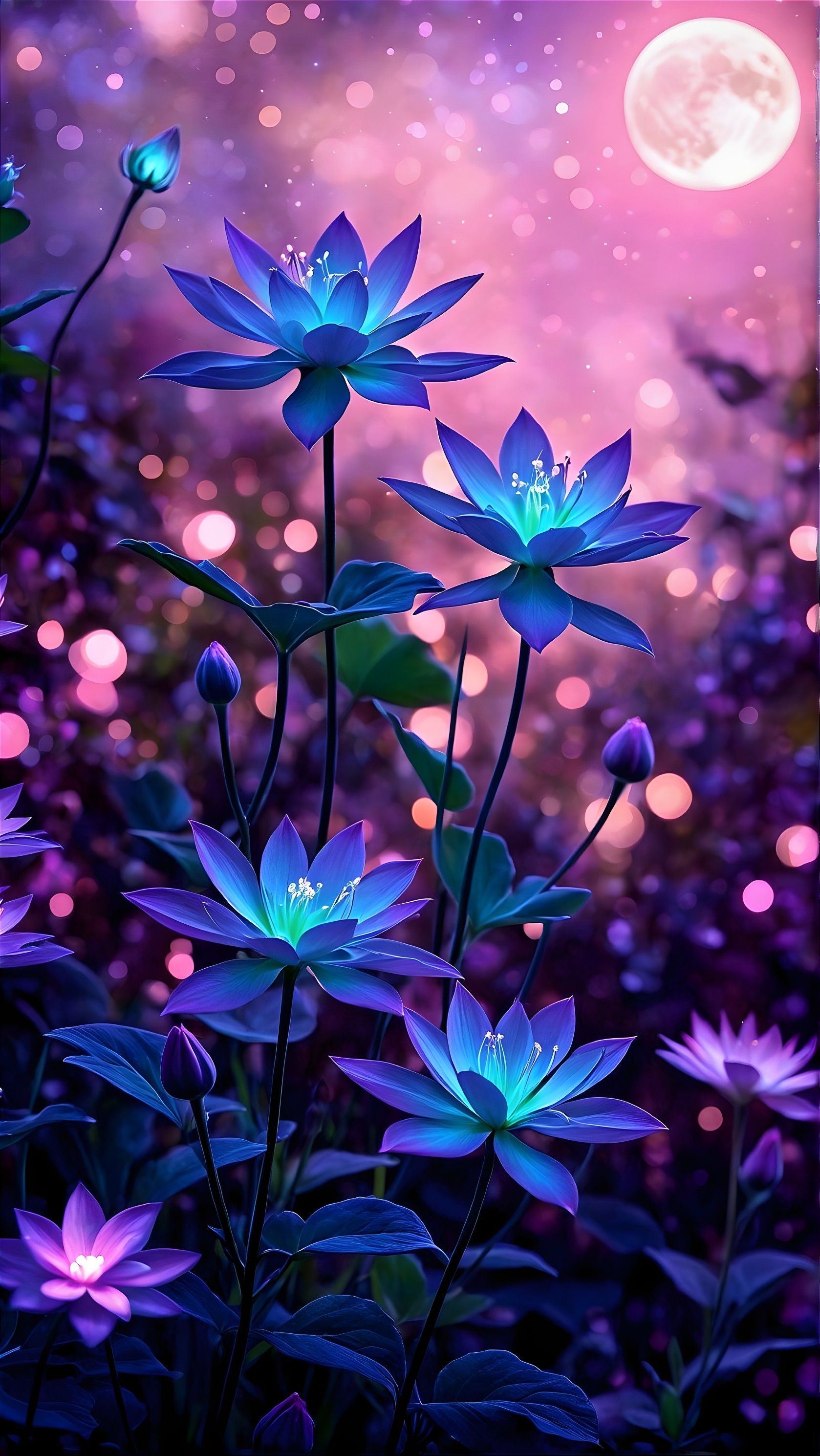 Dreamy Night Scene with Lotus Flowers and Moonlight