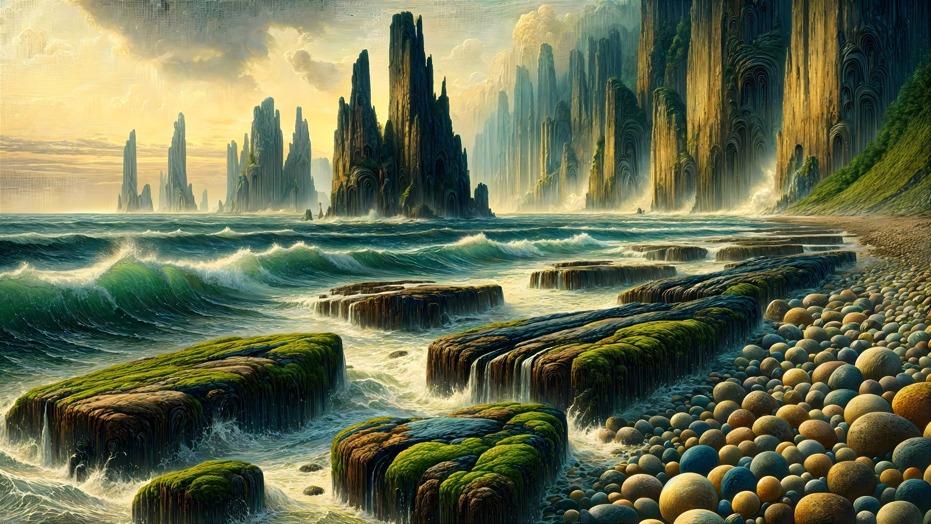 Dramatic Coastal Landscape with Sunrise and Mist