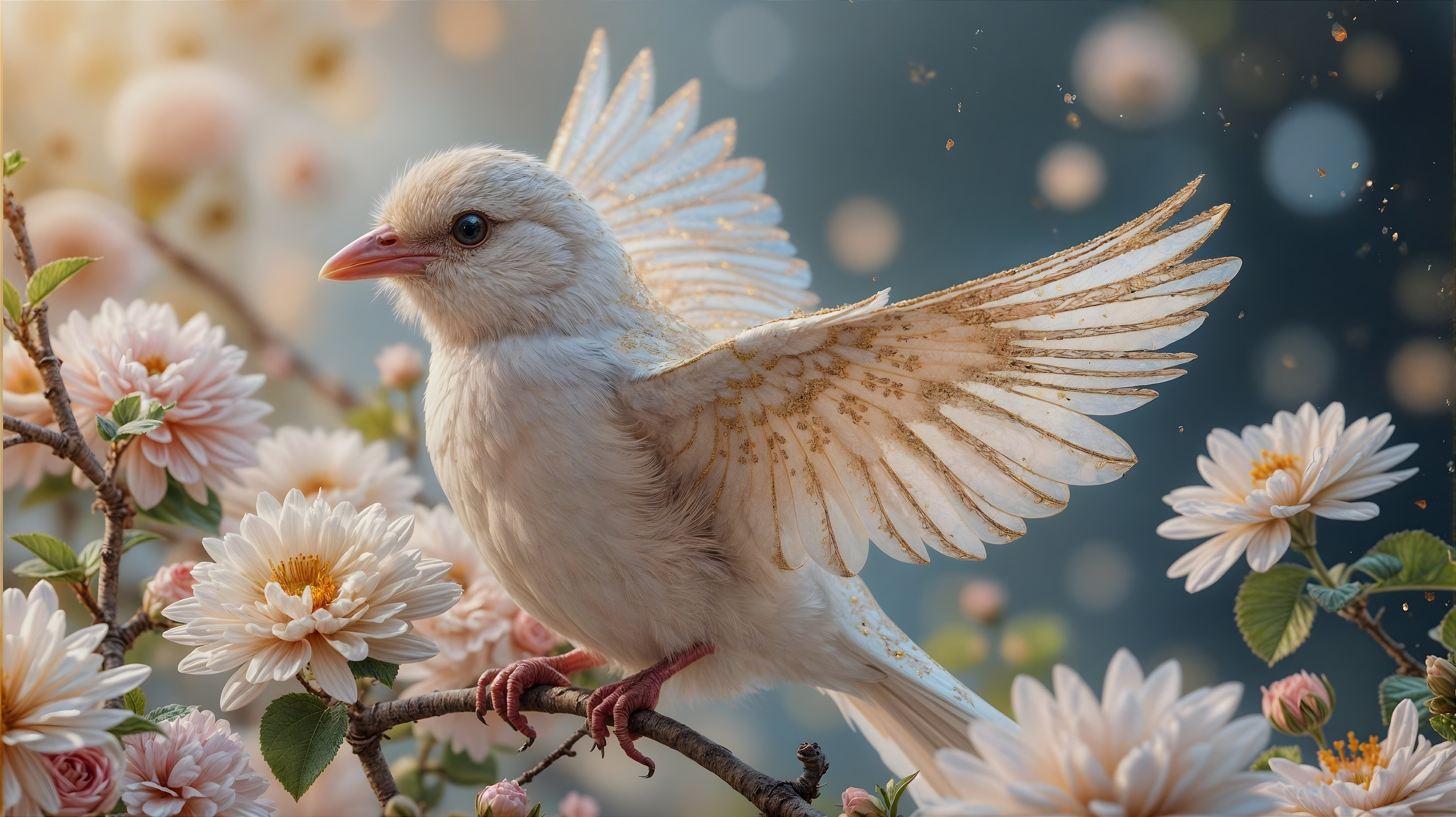 Delicate Bird with Golden Accents on Flowering Branch