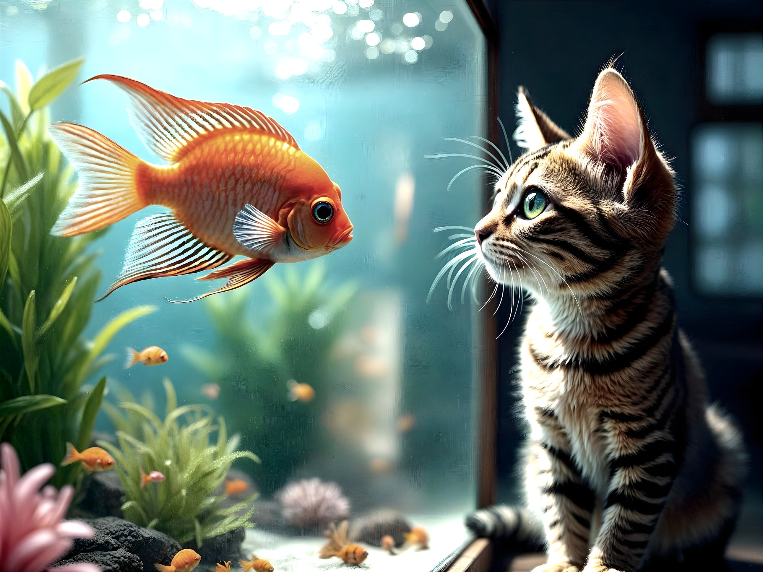 Tabby Cat Observes Goldfish in Vibrant Aquarium Scene