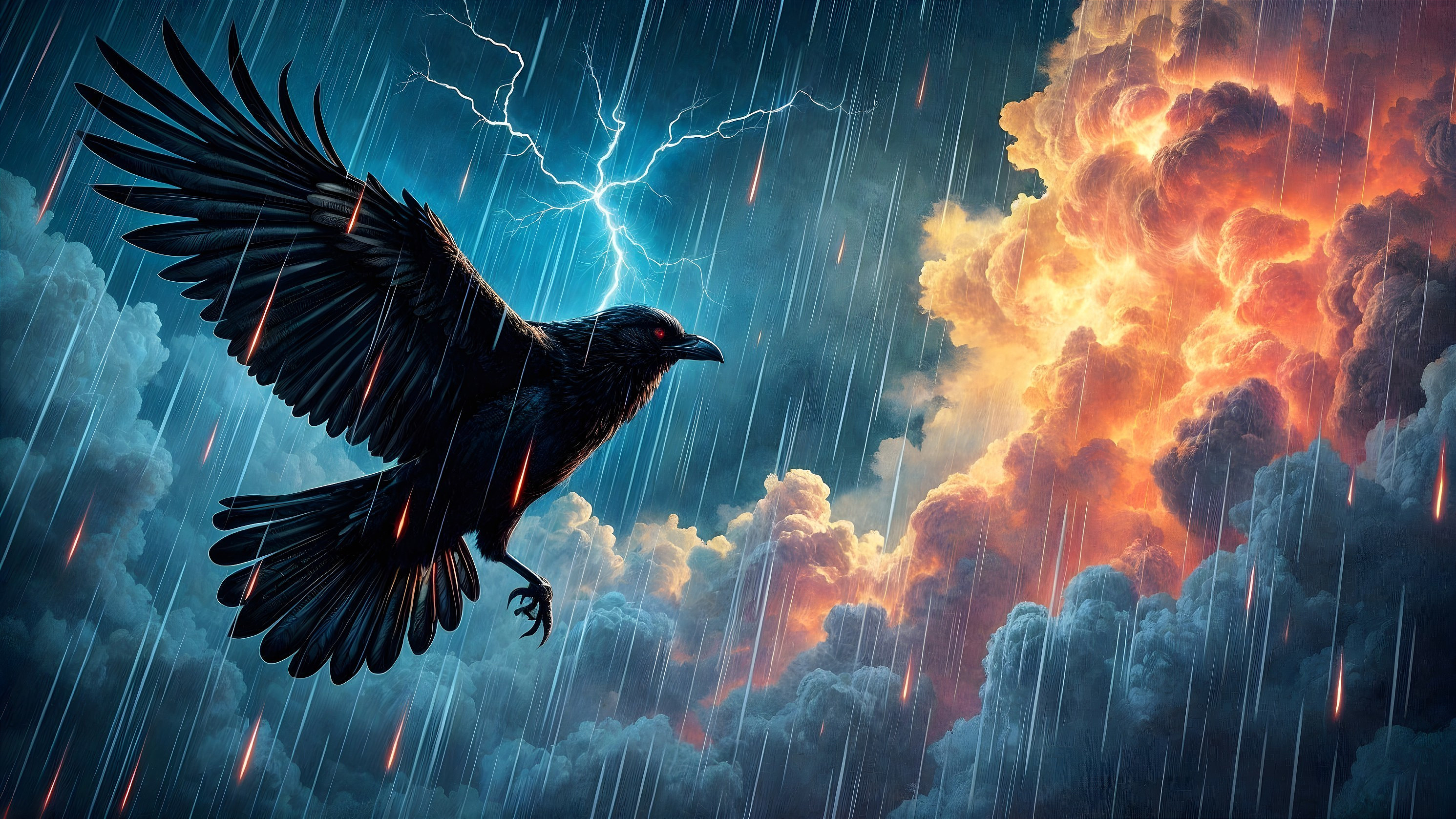Raven in Stormy Sky with Lightning and Colorful Clouds