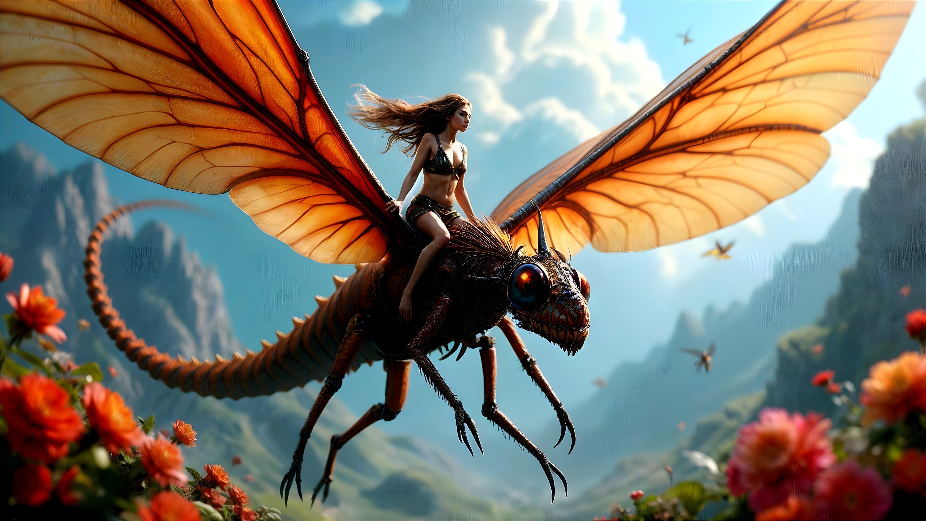 Young woman riding a giant moth in vibrant landscape